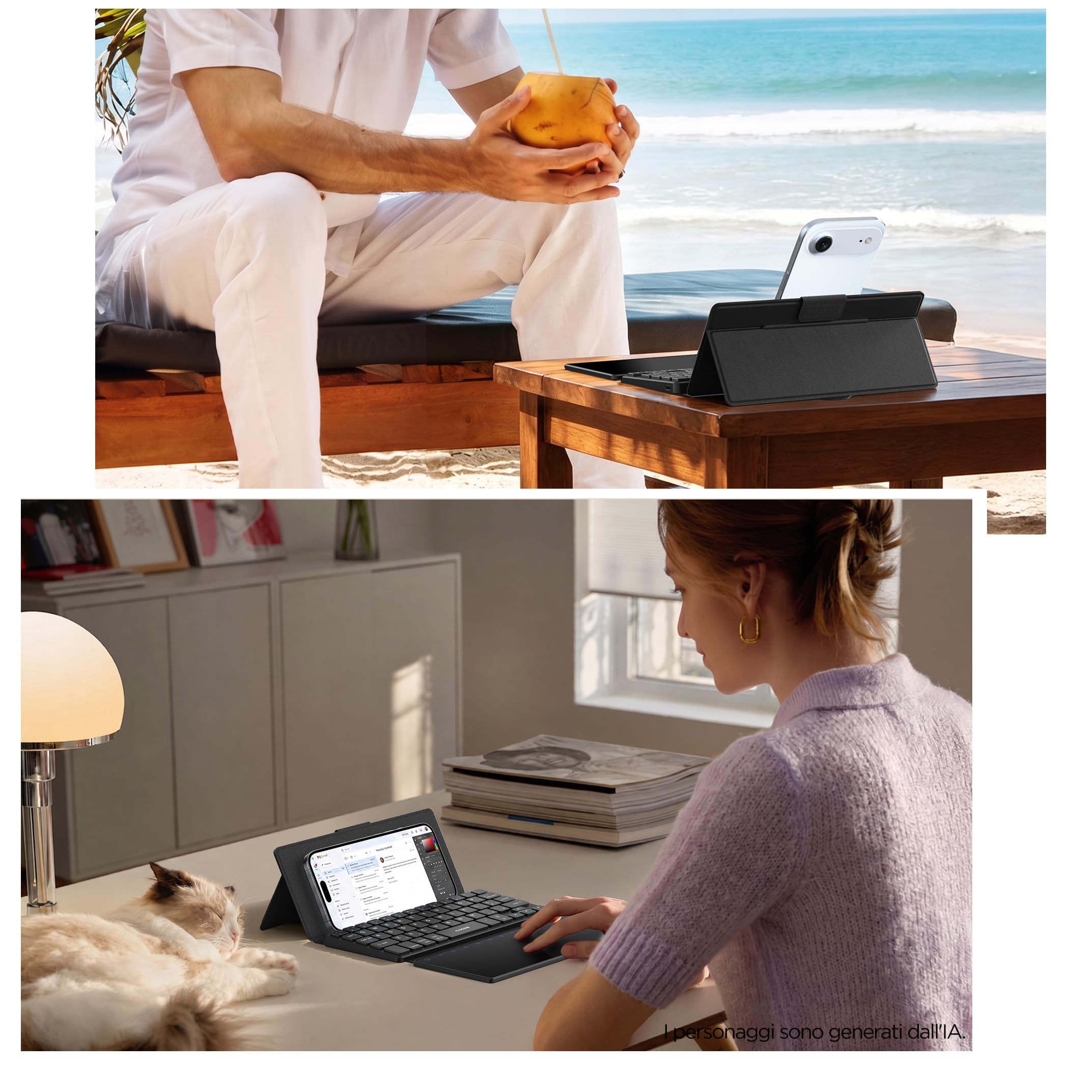CACOE Mini Tastiera Bluetooth a Doppio Canale con Touchpad | Wireless Tastiera per QWERTY, Ultra-Sottile e Portatile con Supporto per Smartphone (iOS, Android, Windows), Nera