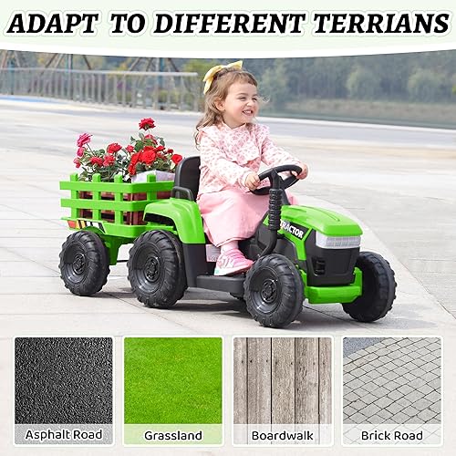 Miniatura 7 de TOBBI Tractor eléctrico de juguete para niños, 12 V, funciona con batería, vehículo de remolque motorizado con motor dual de 35 W, 6 ruedas, 3
