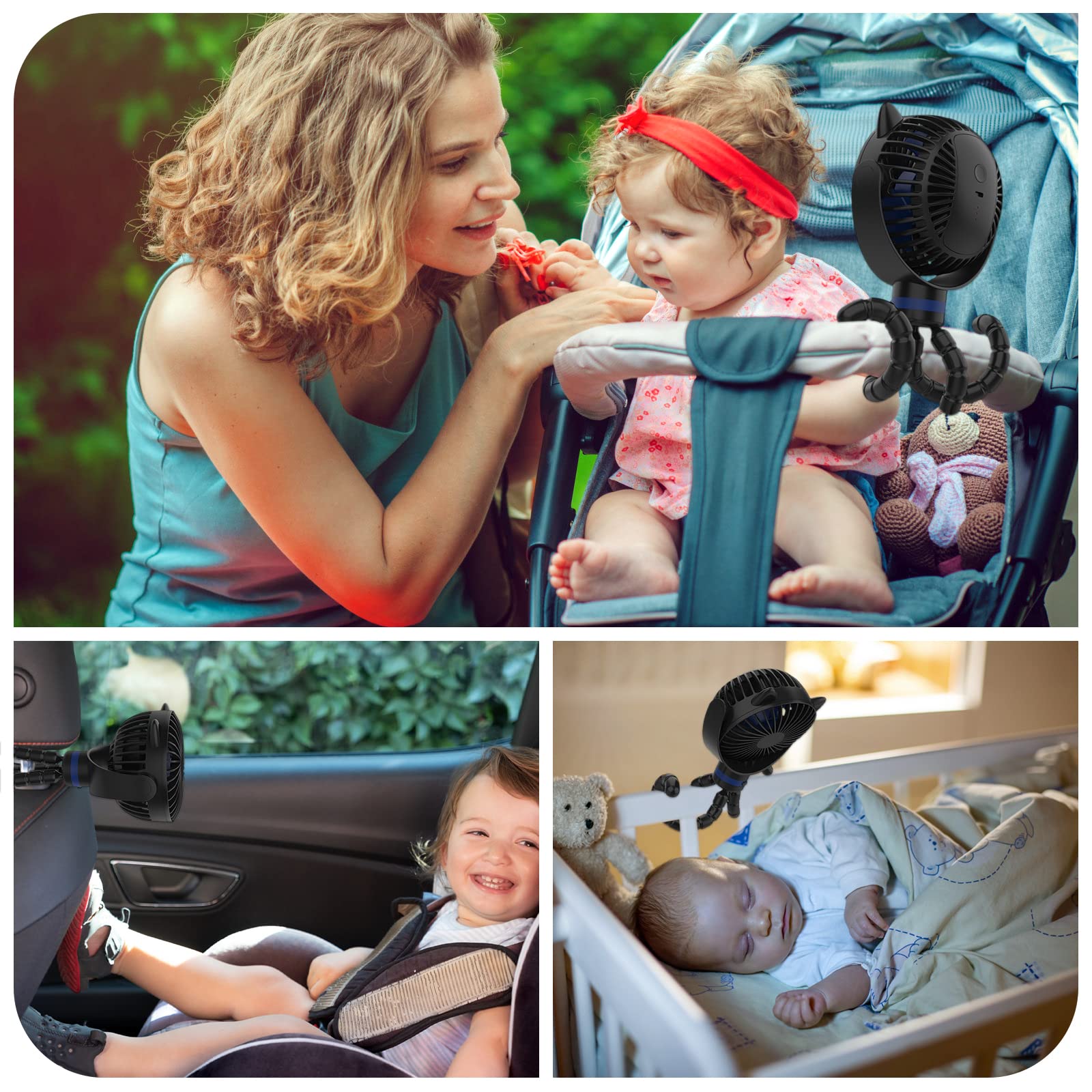ITSHINY Kinderwagen Ventilator, Leise Kinderwagenlüfter mit Flexibler Stativ, Tragbarer Ventilator, Tischventilator, Handventilator Wiederaufladbare 4000 mAh für Kinderwagen Autositz Fahrrad Camping