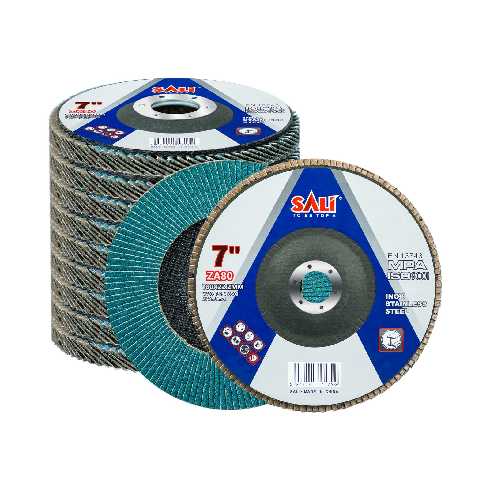 Sali Paquete de 10 discos de solapa de circonita de grano 80 de 7 x 7/8 pulgadas, disco de lijado biselado tipo #29 de grado premium e industrial amoladora angular de alto rendimiento