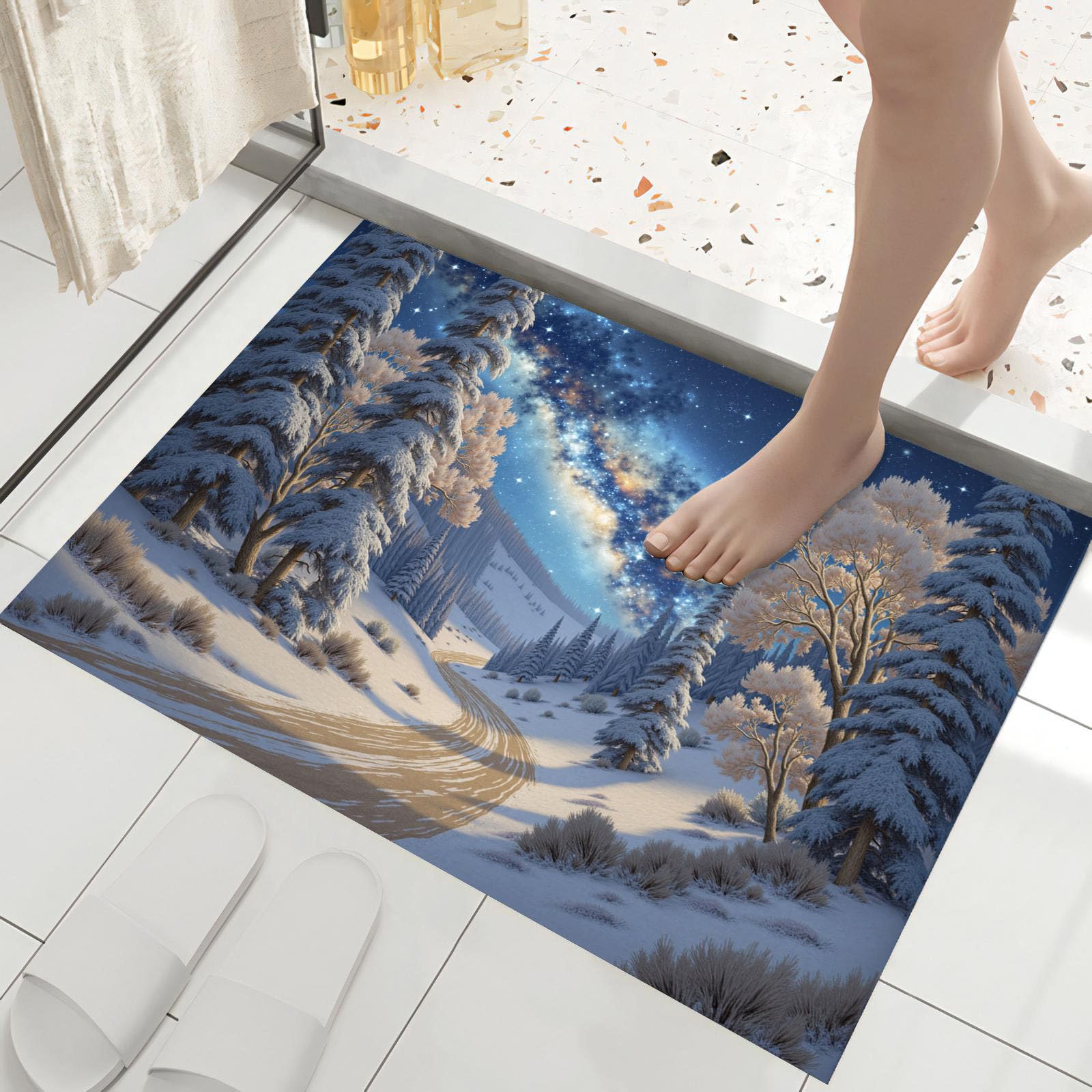 Tapis De Porte De Bienvenue, 90 X 150 Cm Scène Neige Étoilée Rêve Paillasson Entree Antidérapant Lavable Arbre Galaxie Neige Tapis De Sol Anti-Poussière pour Entrée Couloir Cuisine,Bleu