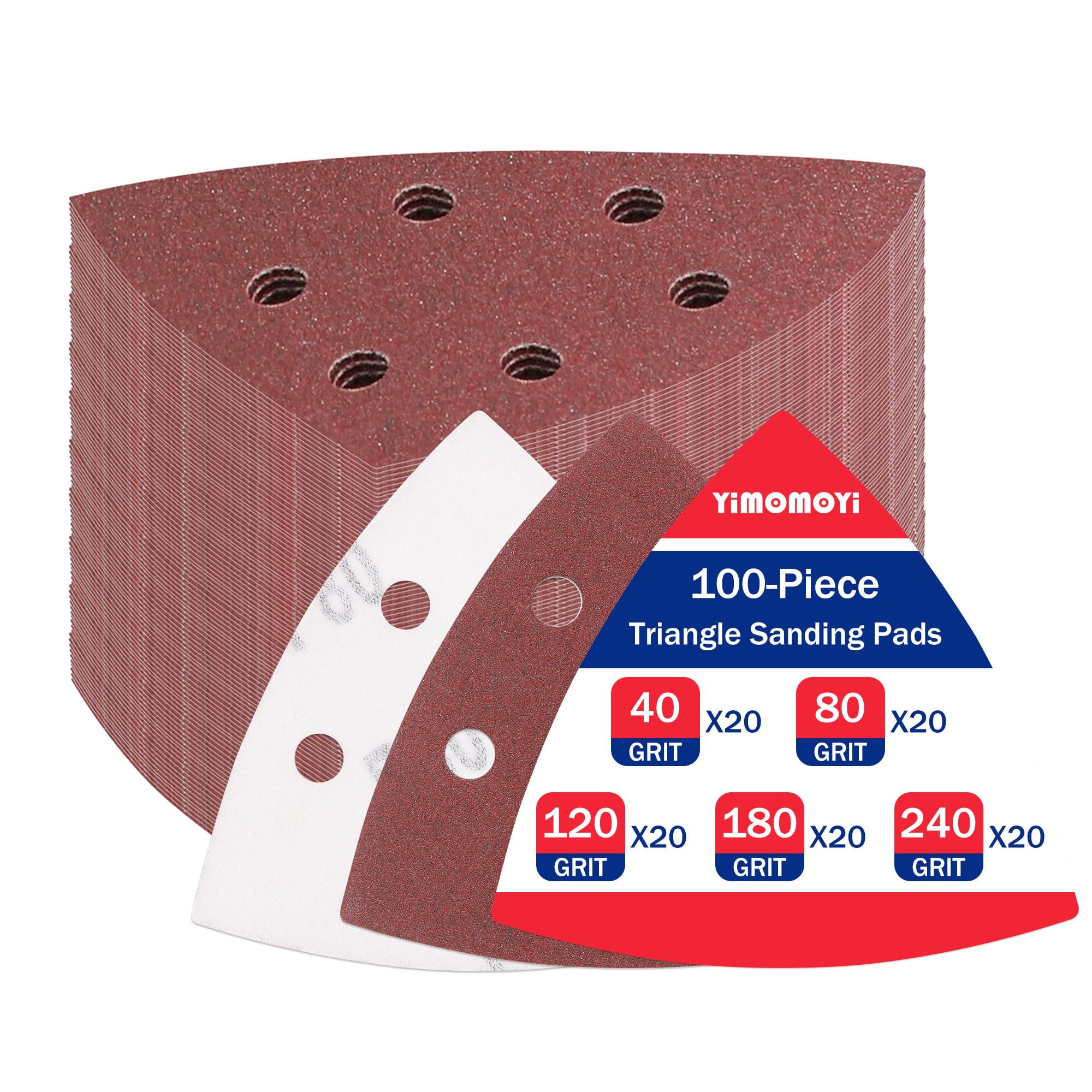 100 Pezzi Carta Vetrata per Levigatrice, Triangoli Abrasivi Delta, Carta Abrasiva con Velcro, 6 Fori, Grana 40/80/120/180/240 Platorelli Abrasivi Triangolari 93 x 93 x 93 mm per Levigatrici Mouse