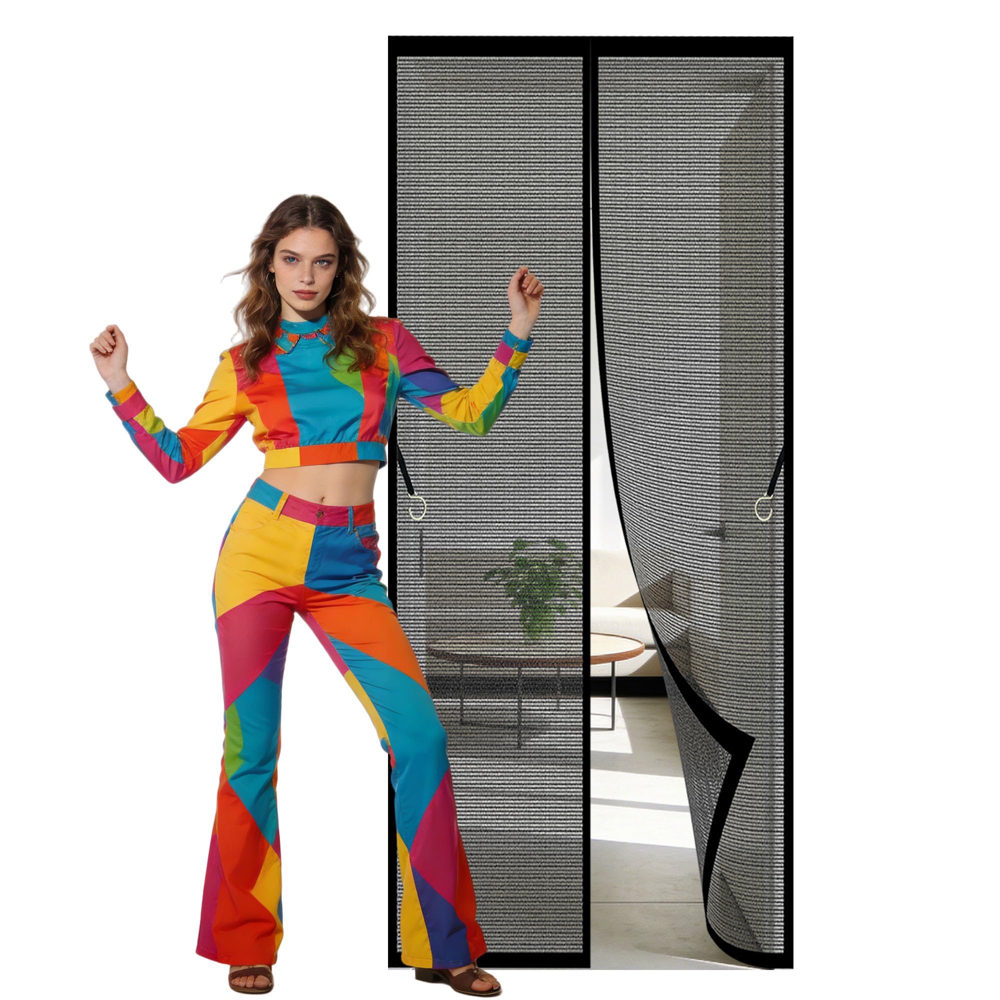 Door Screen 103 x 286 cm No Tools Installation Magnetic Door Curtain for Homes Powerful Magnets and Full Frame Magic Tape for Living Room, Bedroom, Patio, Black