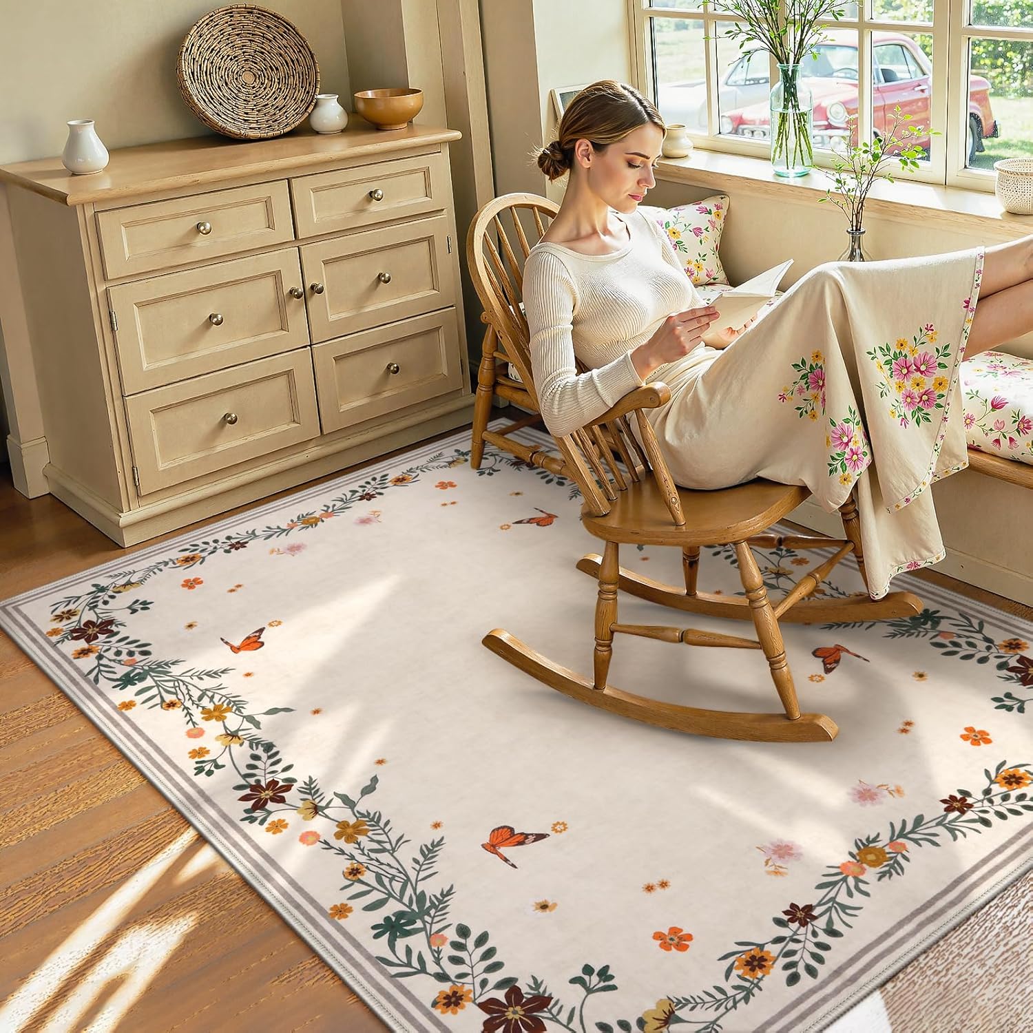 Beeiva Floral 5x7 Area Rugs, Soft Washable Rug for Living Room Carpet Boho, Non-Slip Bedroom Carpet for Dorm Office Ultra-Thin (Ivory,5'x7') Beige-2 5' x 7' (Rectangular)