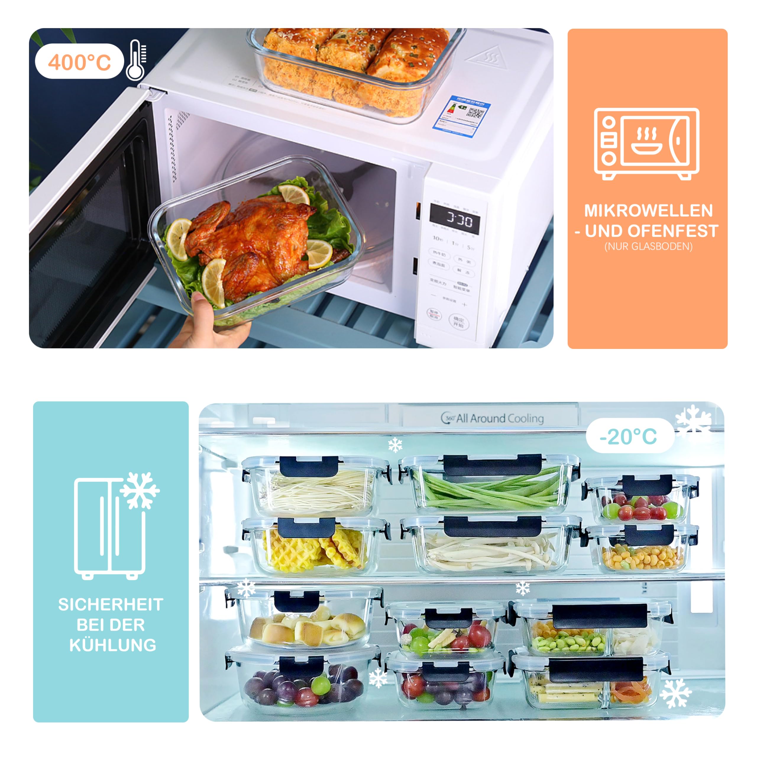 ERUIV Set di contenitori in vetro, contenitori per alimenti per cucina e ristorante con coperchi in plastica di alta qualità, ermetici, a prova di perdite, riutilizzabili, senza BPA (8 contenitori)