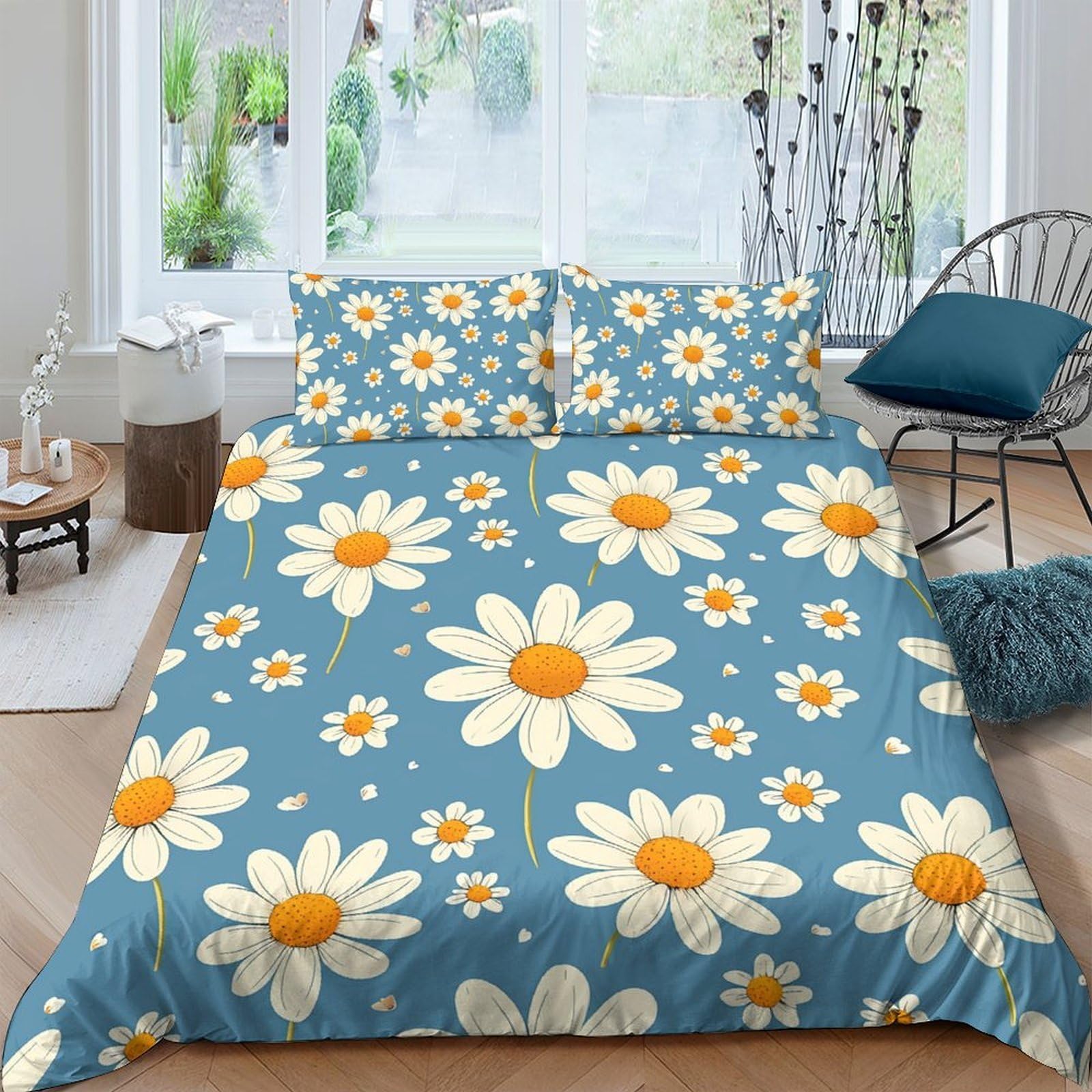 Ctjqhvkz Style-5 3D Printed Blue Daisy Fitted Sheet Microfiber Soft Breathable Yellow Flower Mattress Cover For Bedroom Guestroom Decor Single（135X200cm）