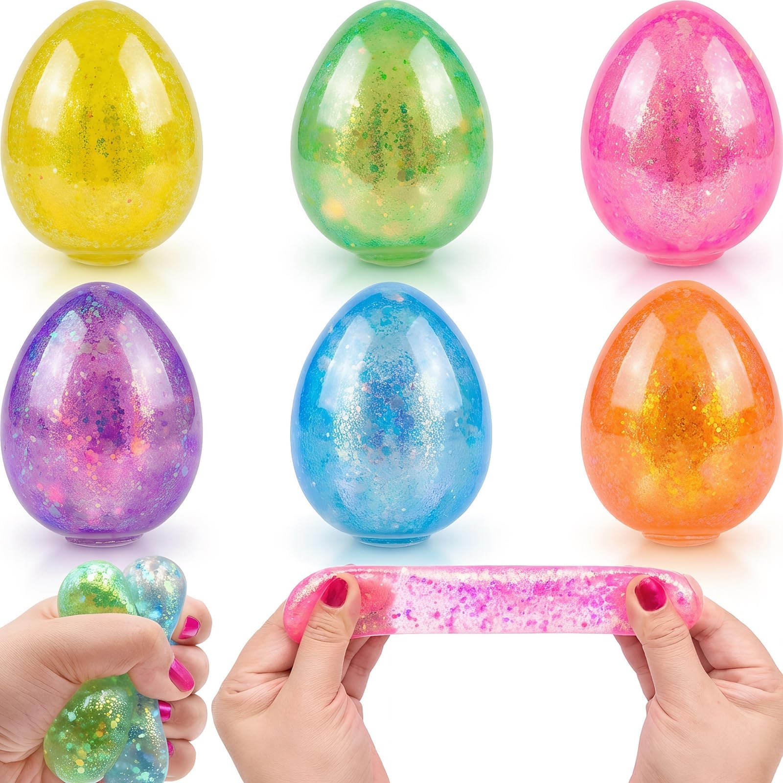 6 Pack Easter Eggs Squishy Toys, Glitter Stress Balls Eggs Squeeze Toys for Kids Boys Girls Toddlers Easter Basket Stuffers, Party Favors, Classroom Prizes