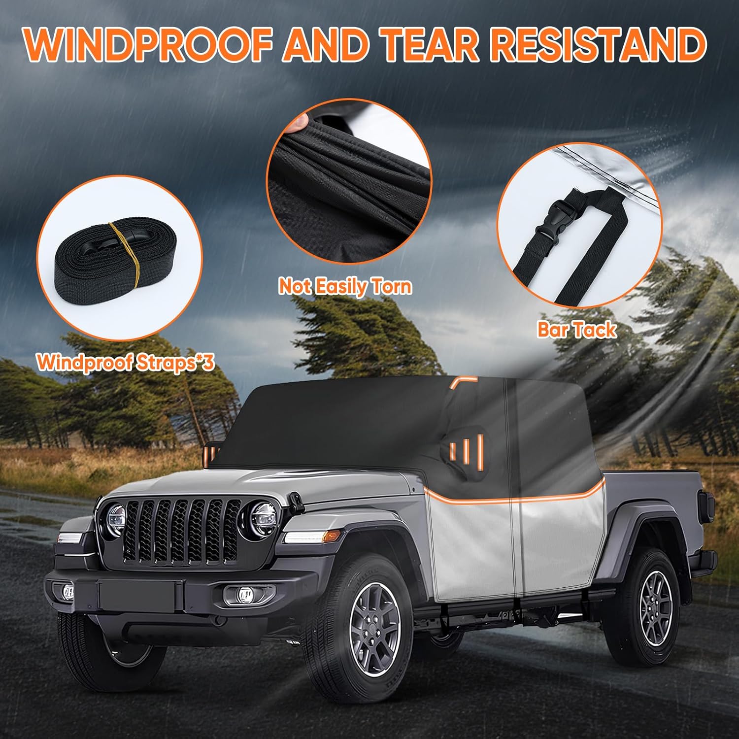 Cab Cover for Jeep Gladiator JT 2019-2026 - All Weather Waterproof Gladiator Half Car Cover,Outdoor Jeep Cab Cover Rain Covers for Sun Snow UV Protection with Door Zipper Windproof Straps