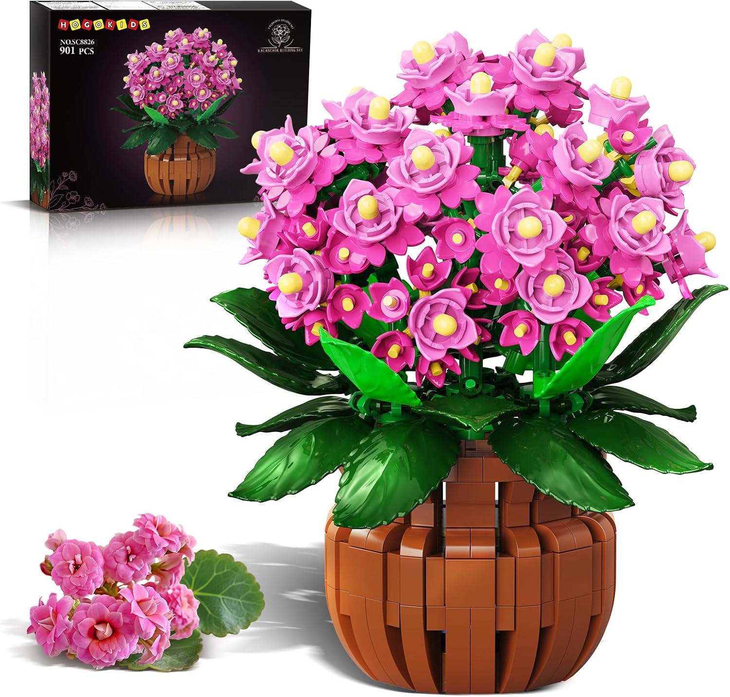 HOGOKIDS Flowers Botanical Kalanchoe Bonsai Building Set – 901PCS Artificial Potted Plants for Home Office Décor, Pink Flower Building Blocks Display Craft Toy Birthday for Adults Teens