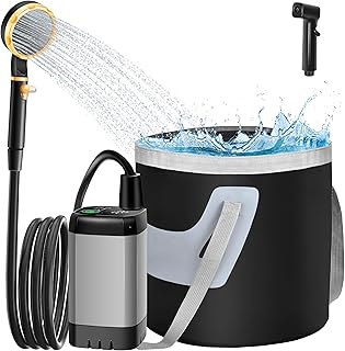 IEEILULU Tragbare Campingdusche, 6000mAh Camping Dusche Akku mit Pumpe, Outdoor Mobile Duschen mit Temperaturanzeige und Klappbarer Eimer für Haustier Reisen Garten Autowaschen Strand