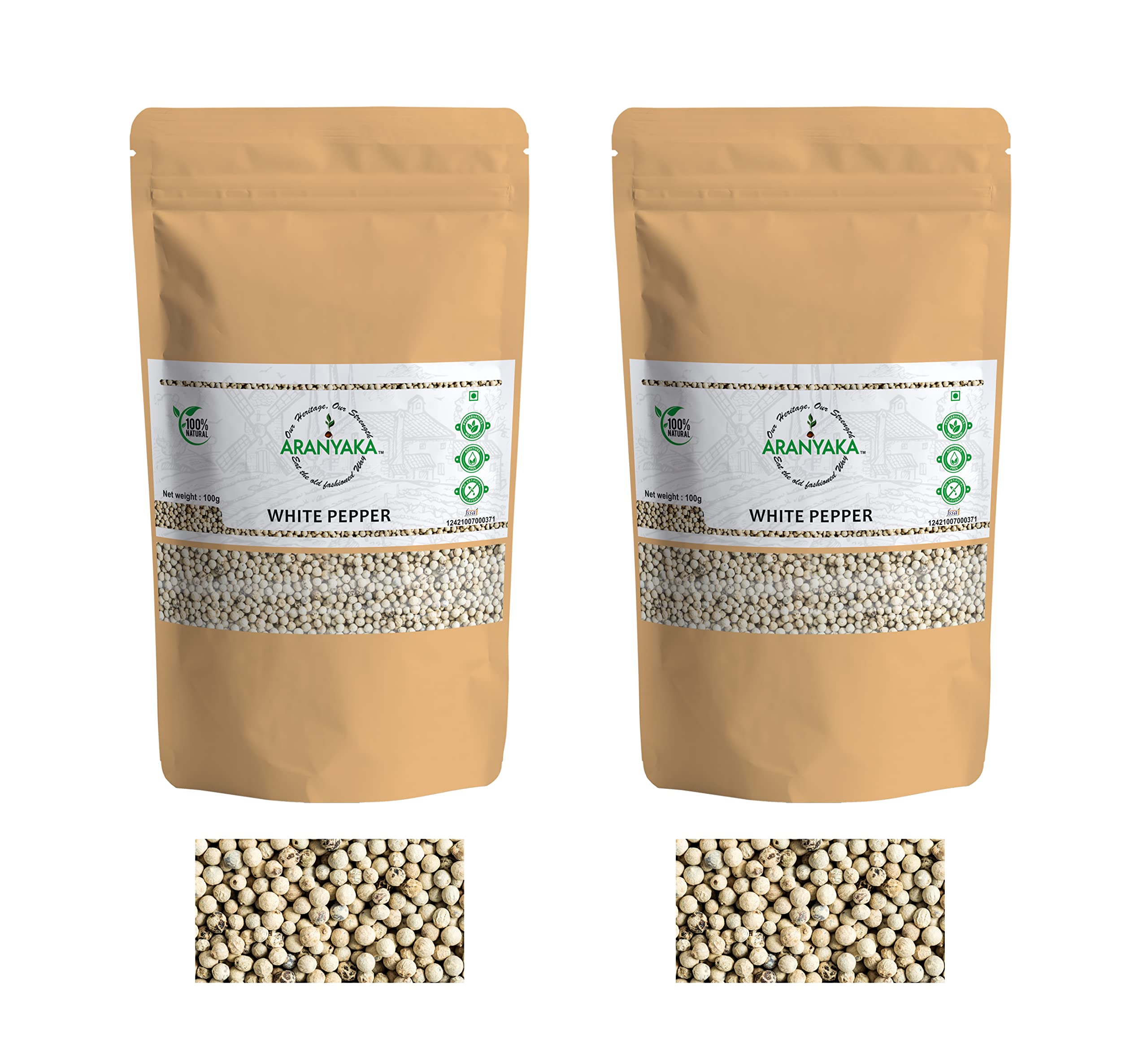 Aranyaka Kolli Hills White Peppercorns Whole 100g | Bold & Aromatic | 100% Natural & Pure | Pesticide-Free | Traditionally Harvested from Kollimalai (100g x 2)- 200g in Total|