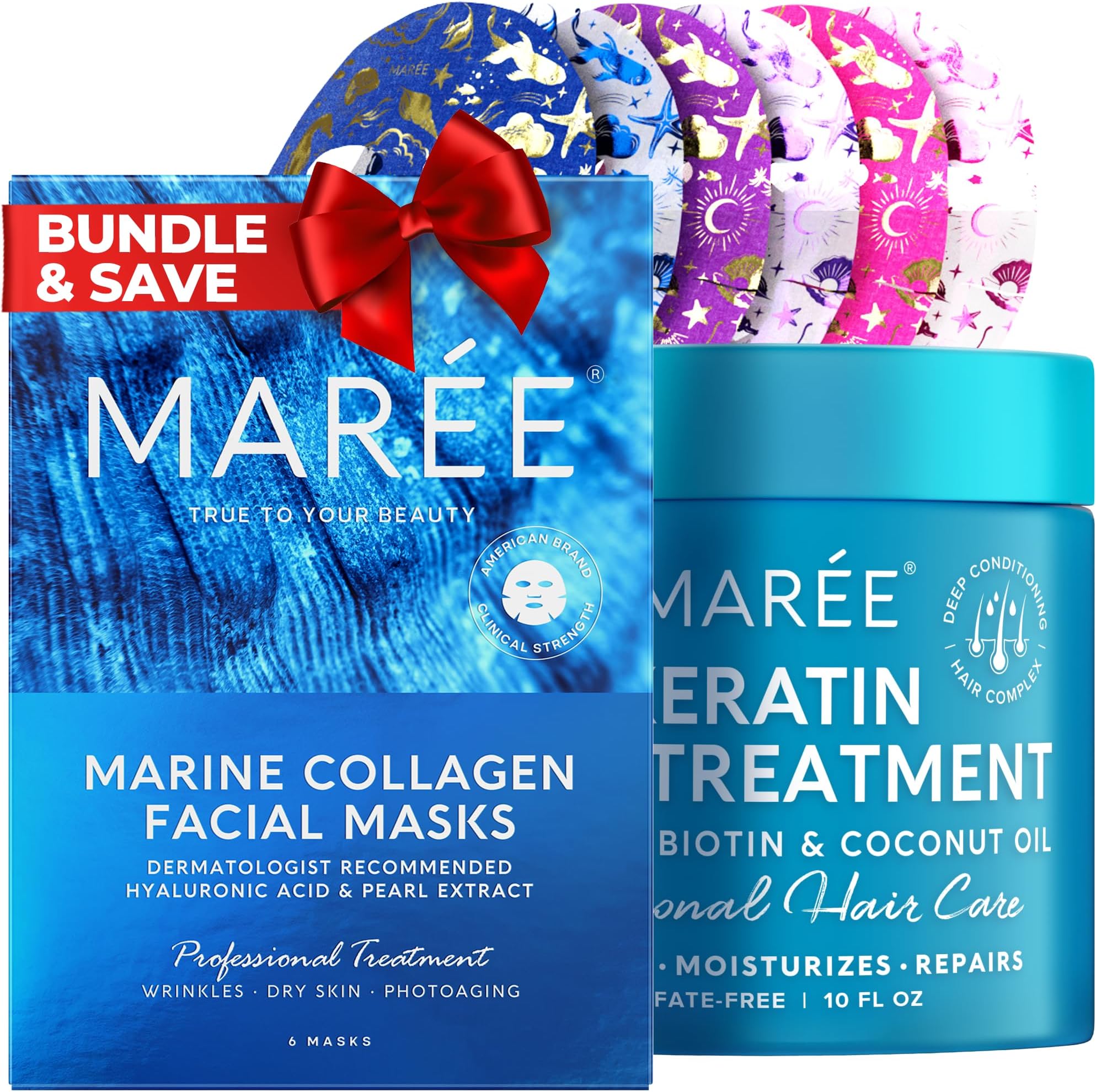 MAREE Bundle - Sheet Moisturizing Masks, Deep Hair Mask & Conditioner - Collagen & Hyaluronic Acid, Coconut Oil & Keratin - Hydrating Skin Care Mask & Moisturizing Conditioner for Dry Bleached Hair