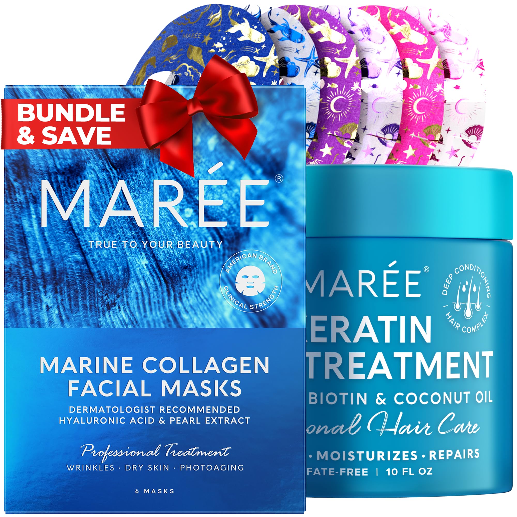MAREE Bundle - Sheet Moisturizing Masks, Deep Hair Mask & Conditioner - Collagen & Hyaluronic Acid, Coconut Oil & Keratin - Hydrating Skin Care Mask & Moisturizing Conditioner for Dry Bleached Hair
