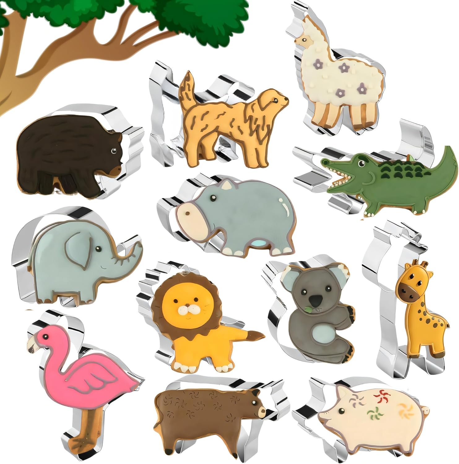 Pack of 12 Animal Cookie Cutter Set – Stainless Steel Safari Animal Cookie Shapes Zoo Cutters for Kids Farm Safari Shapes for Holiday Bakeware Birthday Party