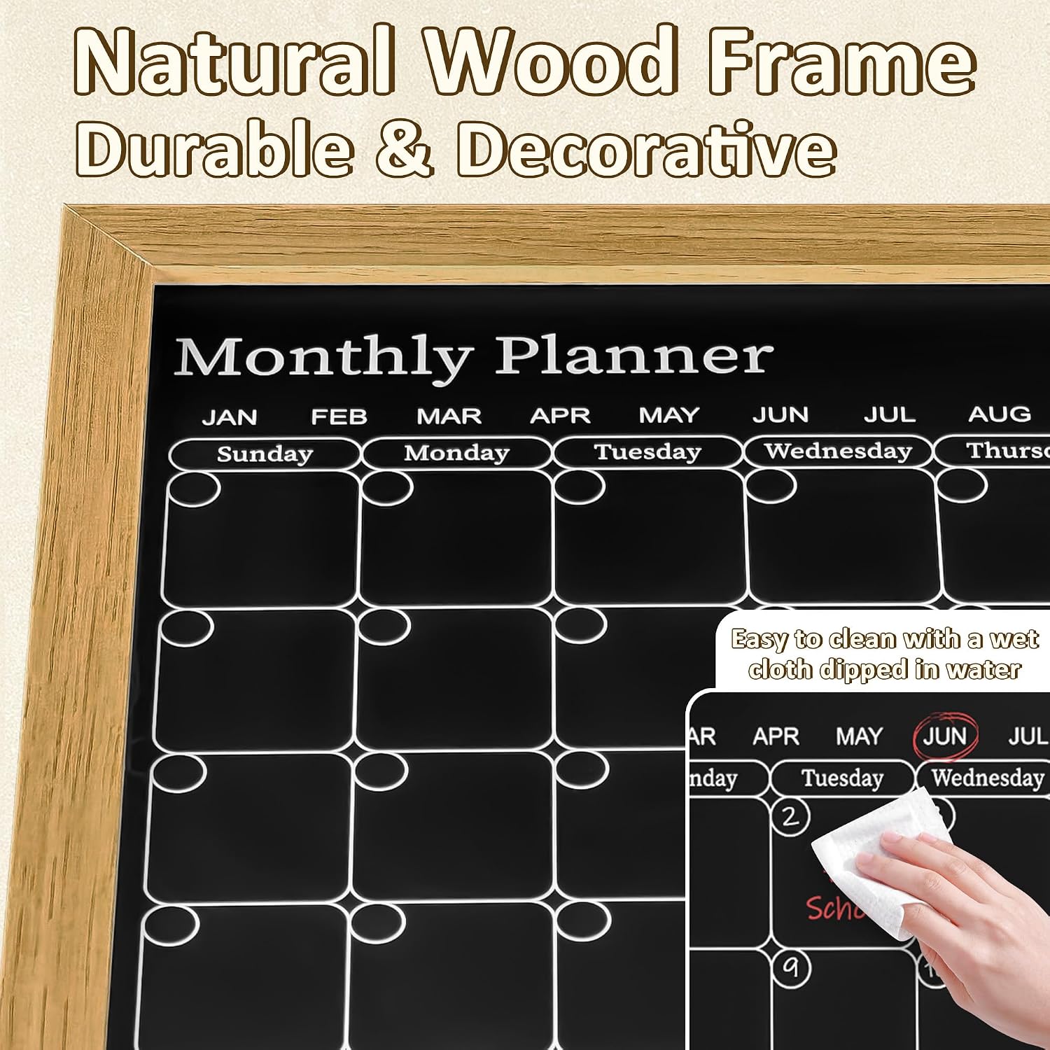 Magnetic Chalkboard Calendar for Wall – 17x13 Monthly Dry Erase Planner with Natural Wood Frame, 2-in-1 Vertical Memo & to-Do Board image 4