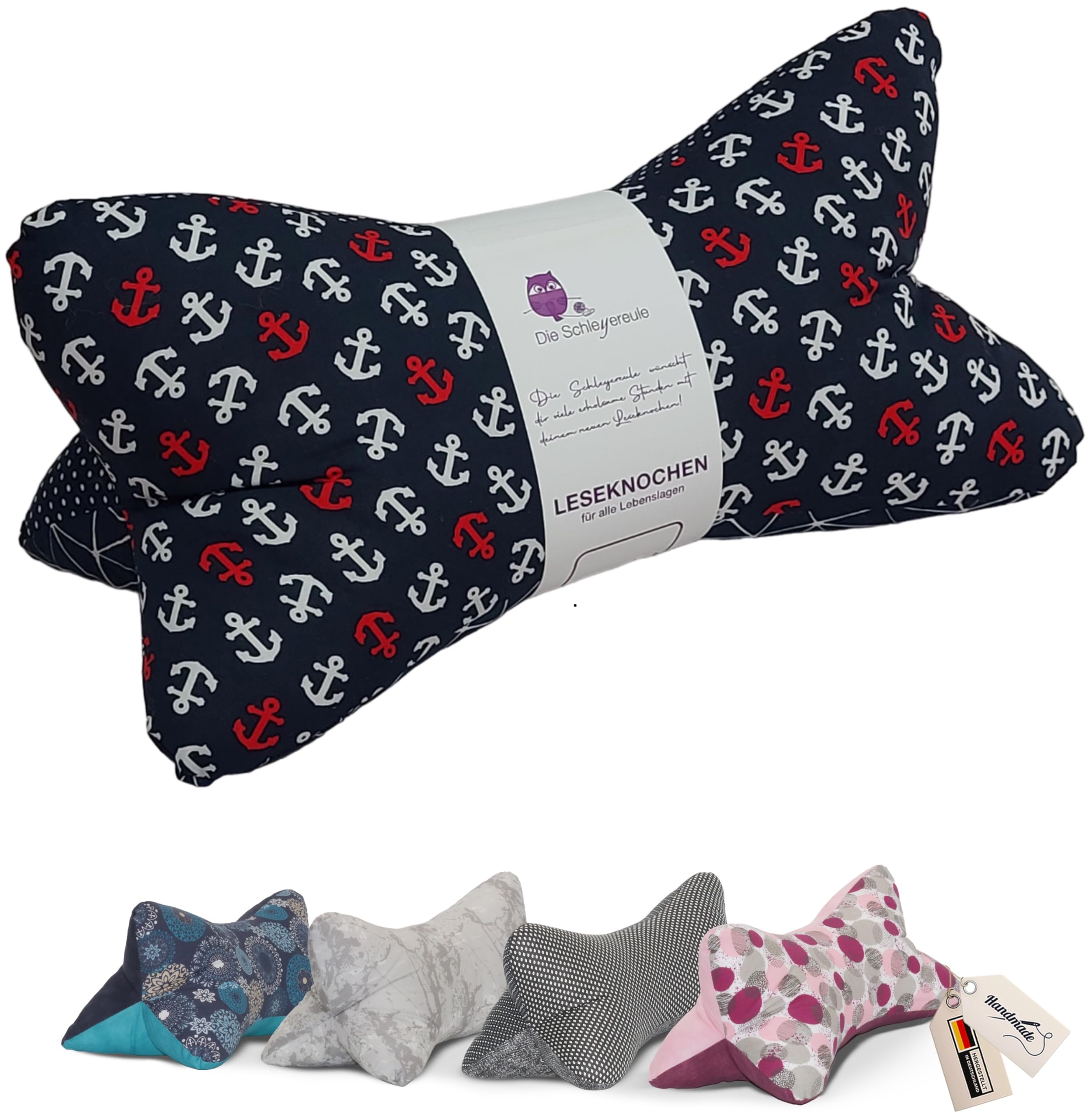 Leseknochen maritim Nackenkissen Handmade in Deutschland waschbar Nackenrolle Lesekissen Anker Blau