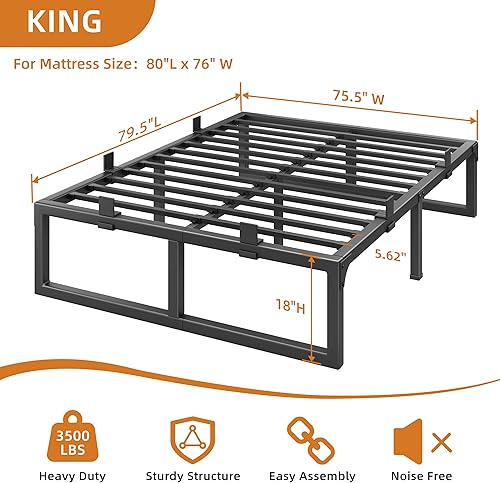 Vista 3 de Marco de cama tamaño King, plataforma de metal de 18 pulgadas con diseño de ranura en U sin chirridos, 6 protectores antideslizantes, soporte