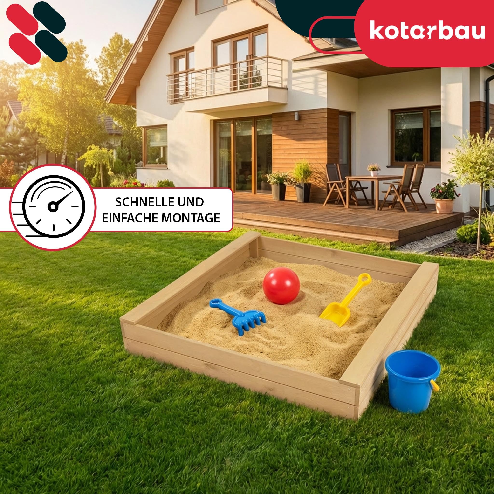 KOTARBAU® Piaskownica z ławką do siedzenia – 140 x 140 cm – piaskownica z drewna – piaskownica z 2 ławkami – zabawka ogrodowa dla dzieci – z włókniną do piaskownicy – drewno sosnowe – naturalna