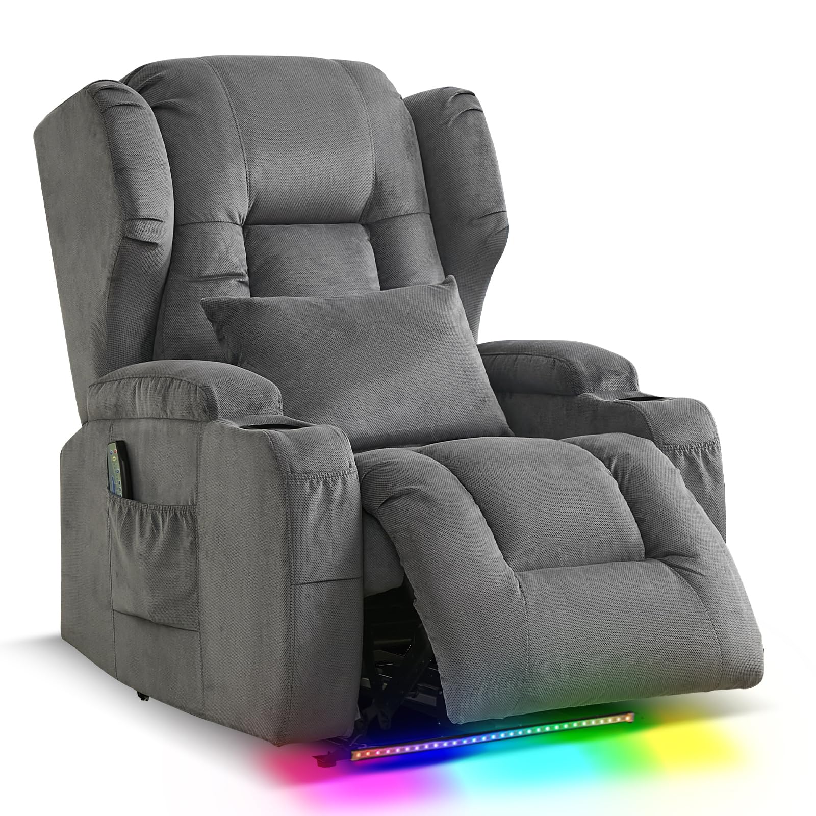 Oprisen Wall Hugger Power Recliner Chair, Overstuffed Home Theater Seating w/Heat Massage Electric Movie Gaming Sofa Reclining Sleeper Chair with LED Light/Lumbar Pillow/Cup Holders