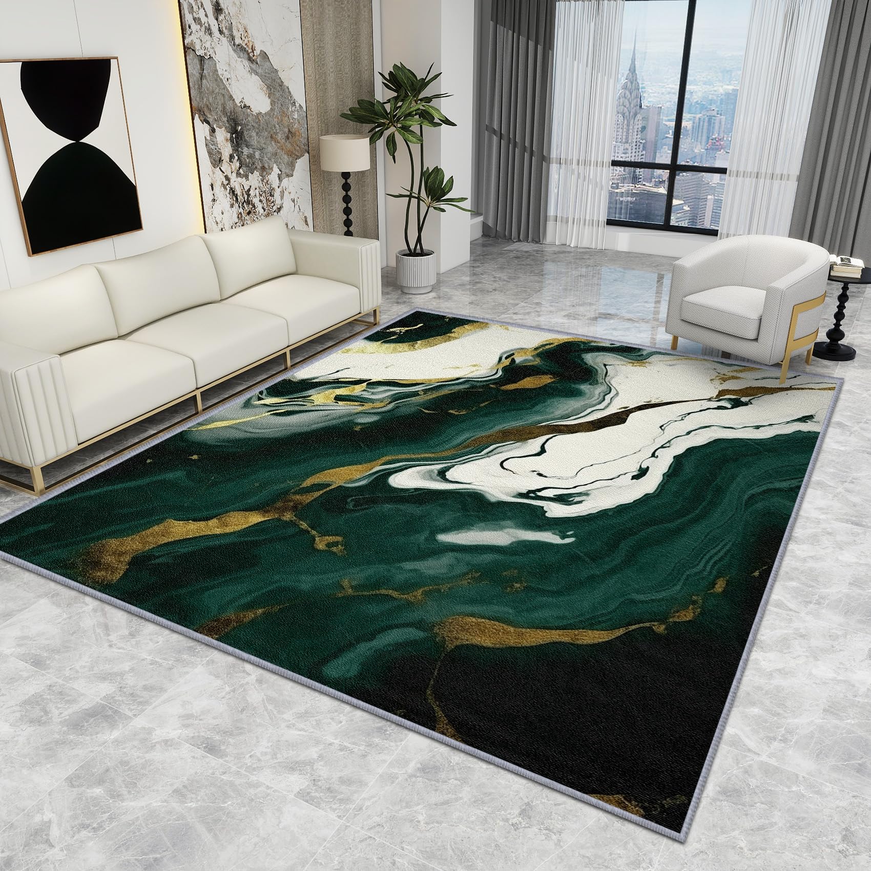 Marble Rug Living Room Large - Emerald Green Gold White Abstract Modern Luxury Carpet, Washable Non Slip Low Pile Soft Area Rug, Home Decor Gift, 120 X 120 cm