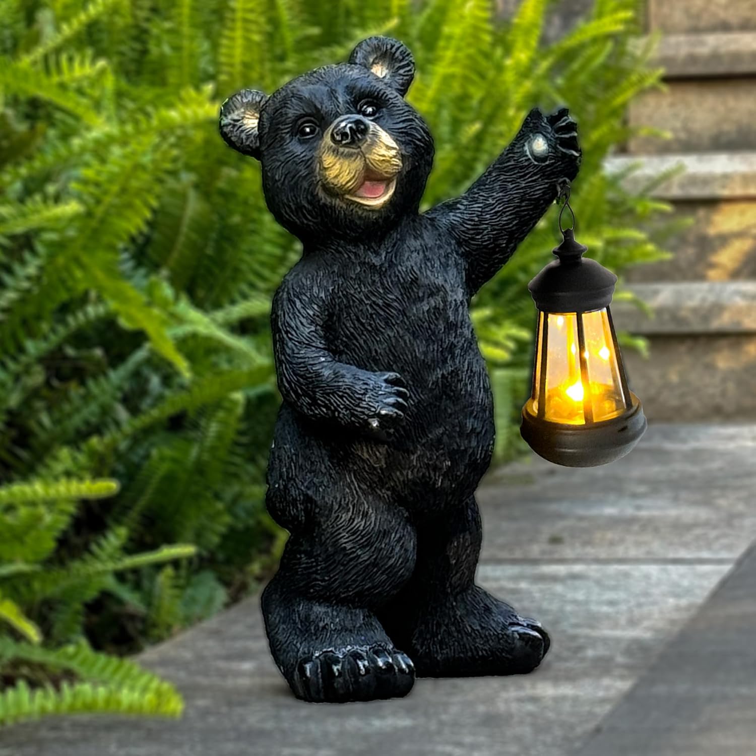 Solar Black Bear Garden Statue - 14" Resin Figurine with Solar LED Lantern, Auto On/Off Waterproof Decor, Dual Use Indoor Outdoor Light for Patio Yard Porch