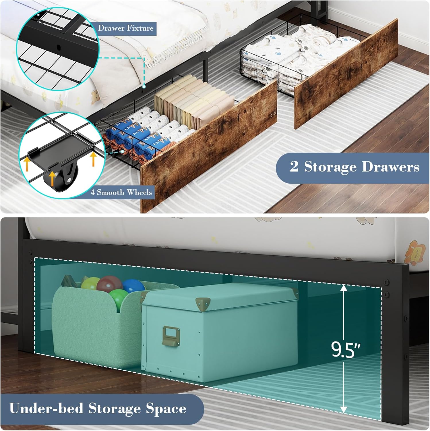 Twin Corner Bed Frame with Storage Bookcase and LED Lights, Twin Size Daybed with 2 Storage Drawers, Upholstered Platform Bed with Headboard and Charging Station, Rustic Brown & Gray