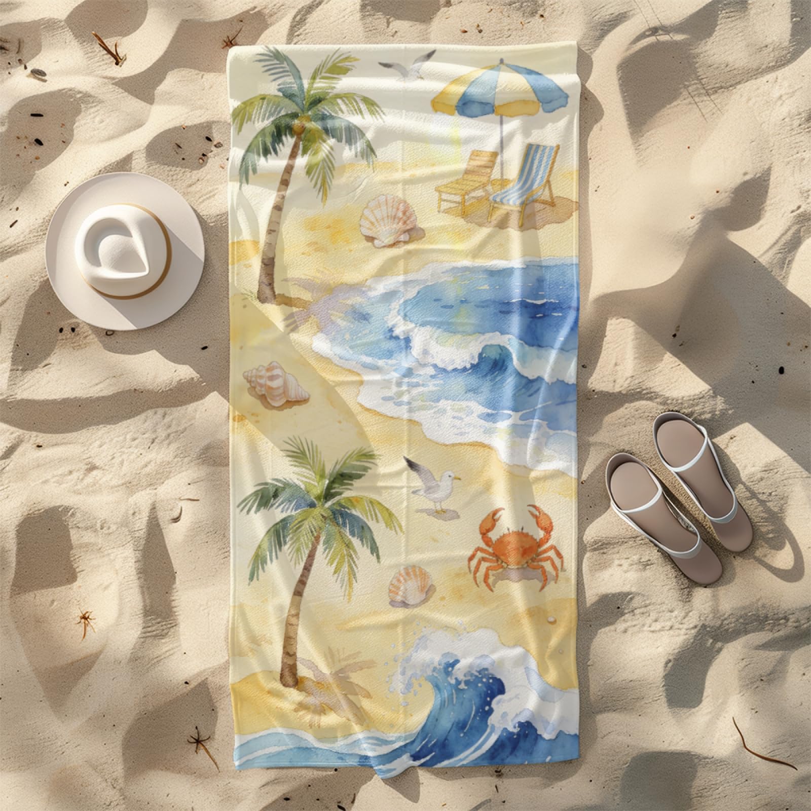 Fouta PlageMer Bleue Plage Jaune Crabe Modèle Surdimensionné avec Diverses Tailles, Respirante et Portable, Parfaite pour Voyages Sorties Piscine et Usage Extérieur Quotidien 90x160 cm