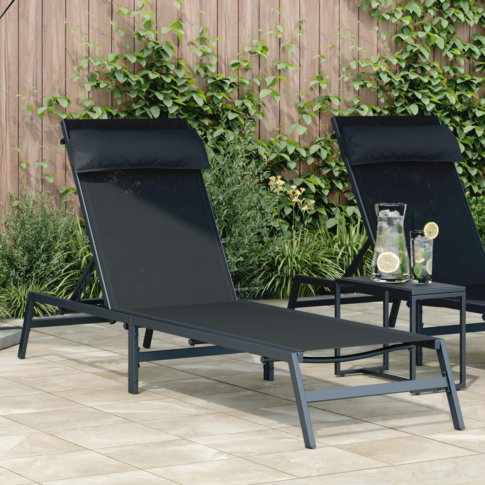Chaise longue d'extérieur en acier noir et textilène avec accoudoirs