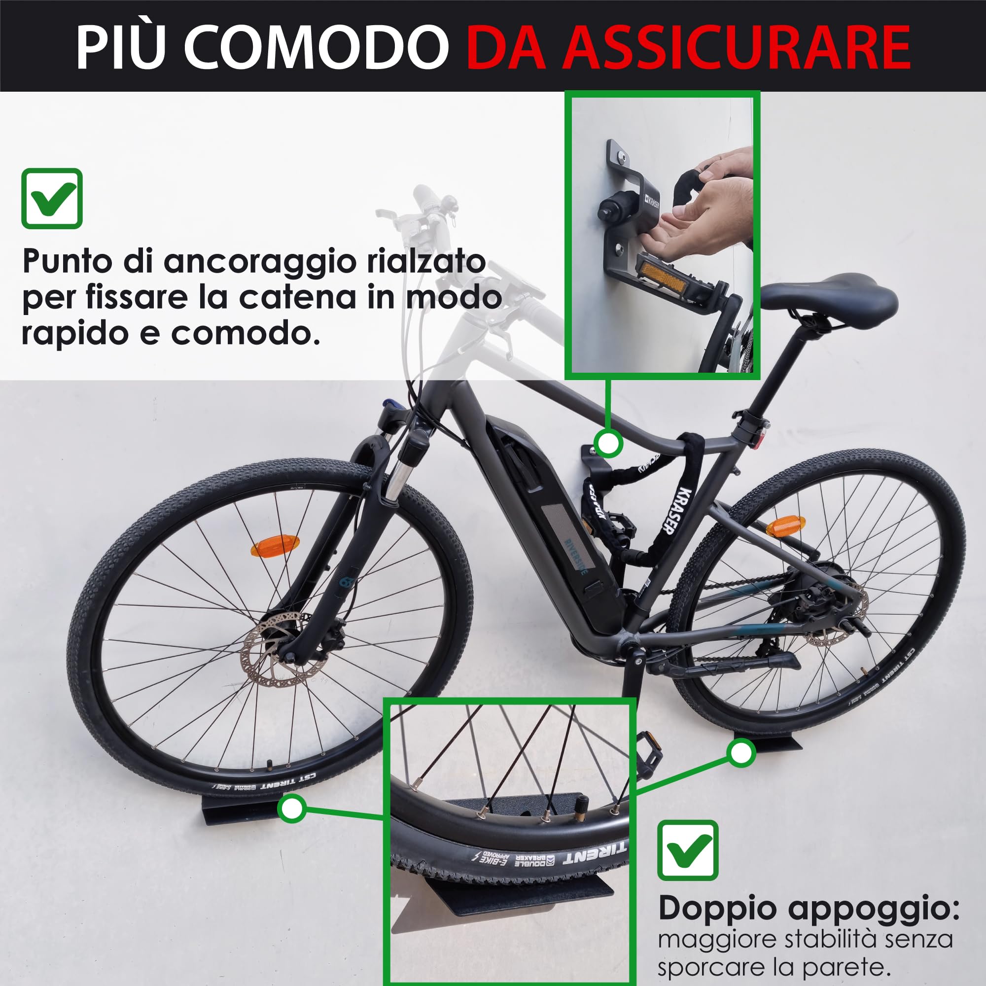 KRASER KR42P Porta Bici da Muro con Gancio Ancoraggio Antifurto 2in1 | Gancio Pedale con Punto per Catena | Doppio Supporto Ruota, Acciaio Rinforzato 5 mm | Portabici da Muro Pedale E-Bike MTB Strada