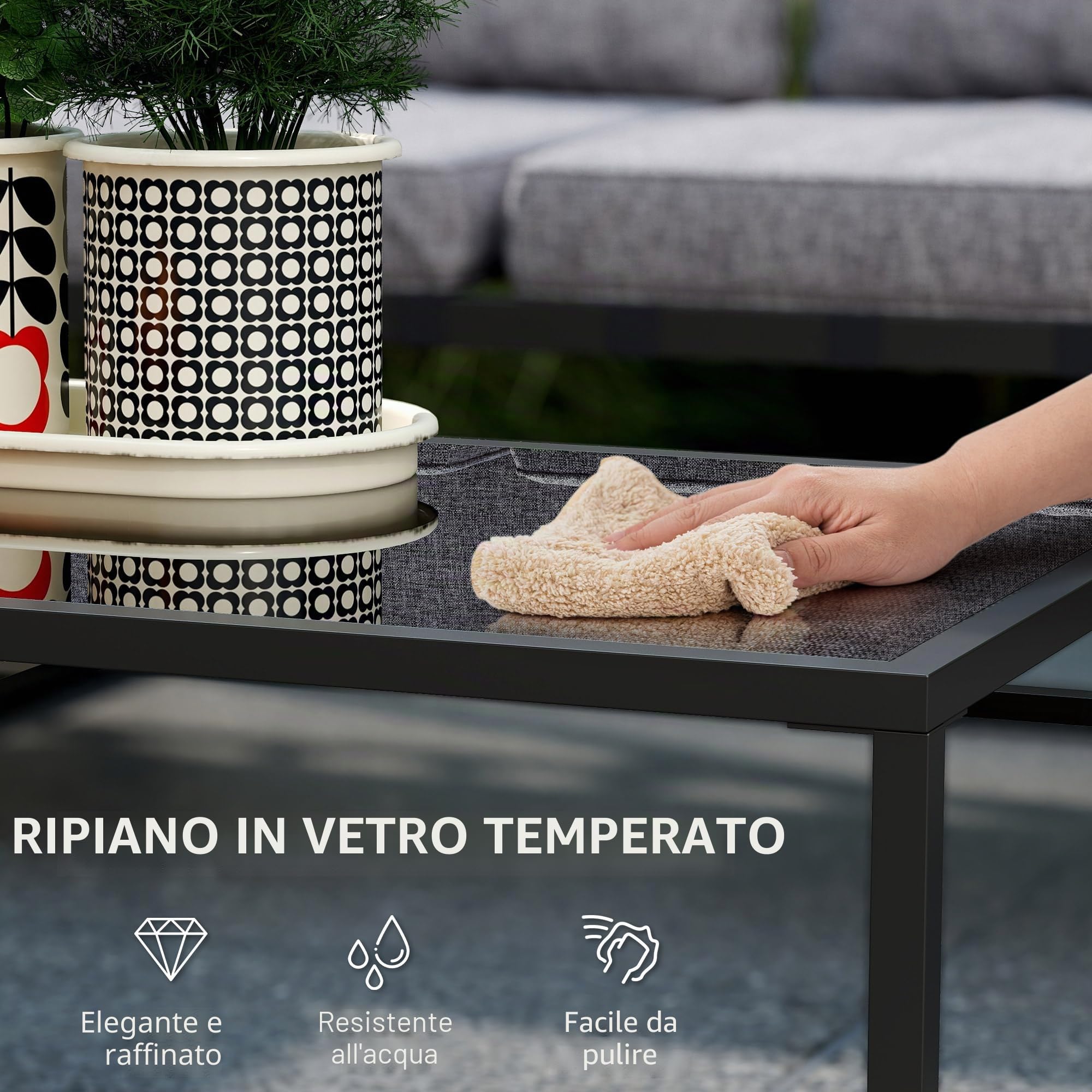 Outsunny Soggiorno da giardino esterno angolare 4 pezzi con divano a 3 posti e 2 posti, 2 tavolini estraibili in vetro temperato, cuscini inclusi, veranda grigio