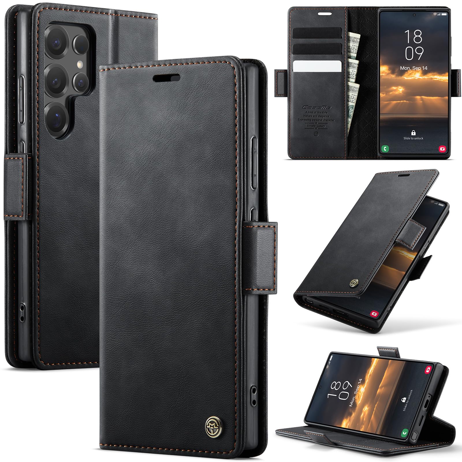Housse Samsung S25 Ultra portefeuille noir en cuir PU de qualité supérieure