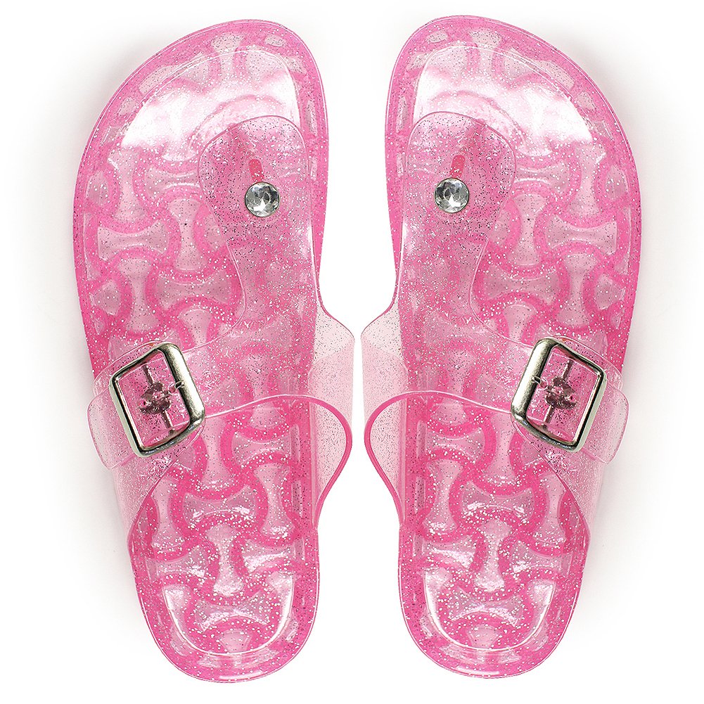 Jelly Flip-Flops for Women, Women's Pearl Glitter Jelly [Thong Sandals] Fashion Flip Flops Slip-On Flat Slippers Slide Sandals with Adjustable Buckle Strap, Pink Size 5 M [US Size]