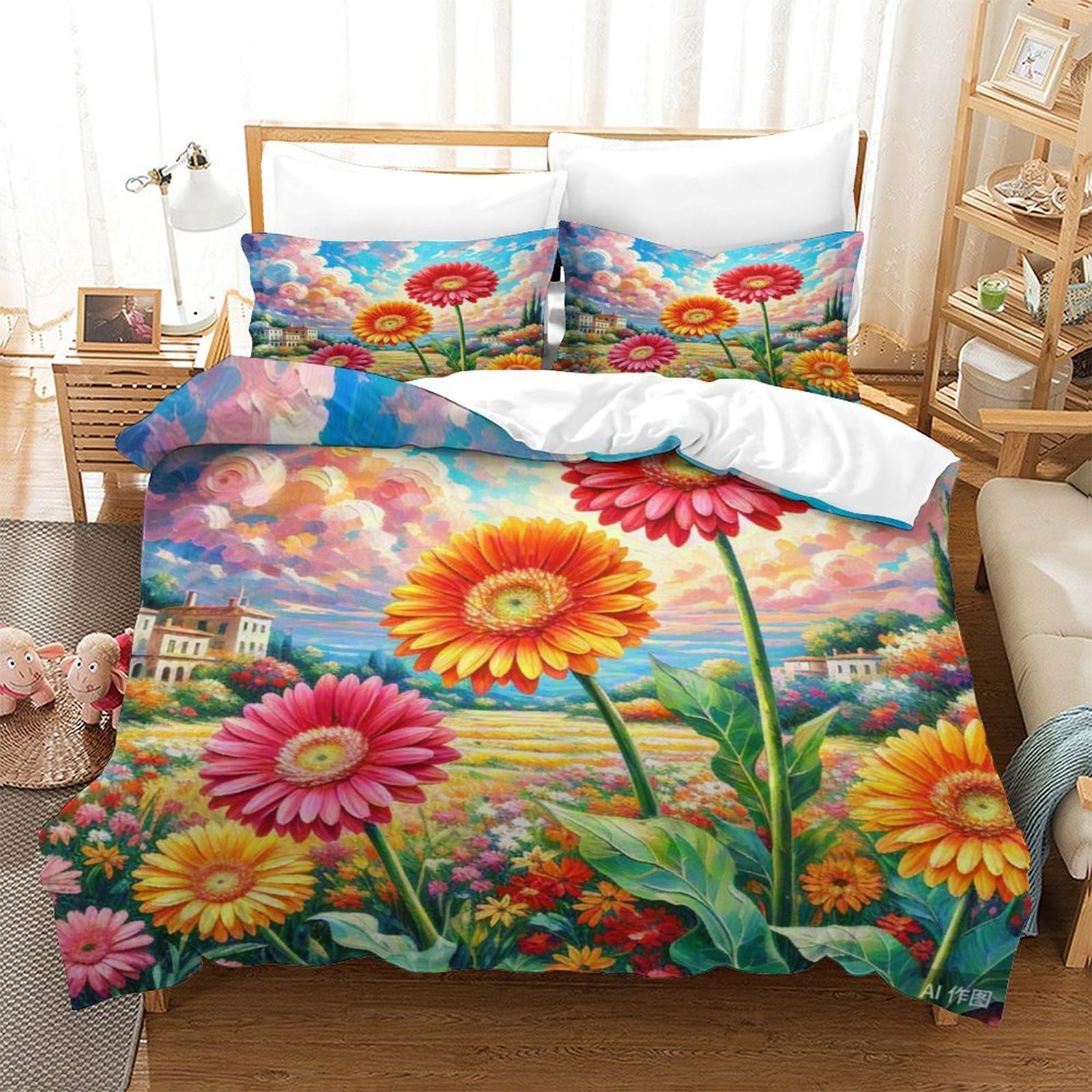 Housse de couette gerbéra 3D pour chambre d'enfant lit simple avec parure de lit microfibre douce