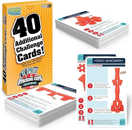 Gamie Juego de cartas de desafío para apilar tazas, 40 cartas adicionales con instrucciones (idioma español no garantizado), 20 cartas medianas y 20