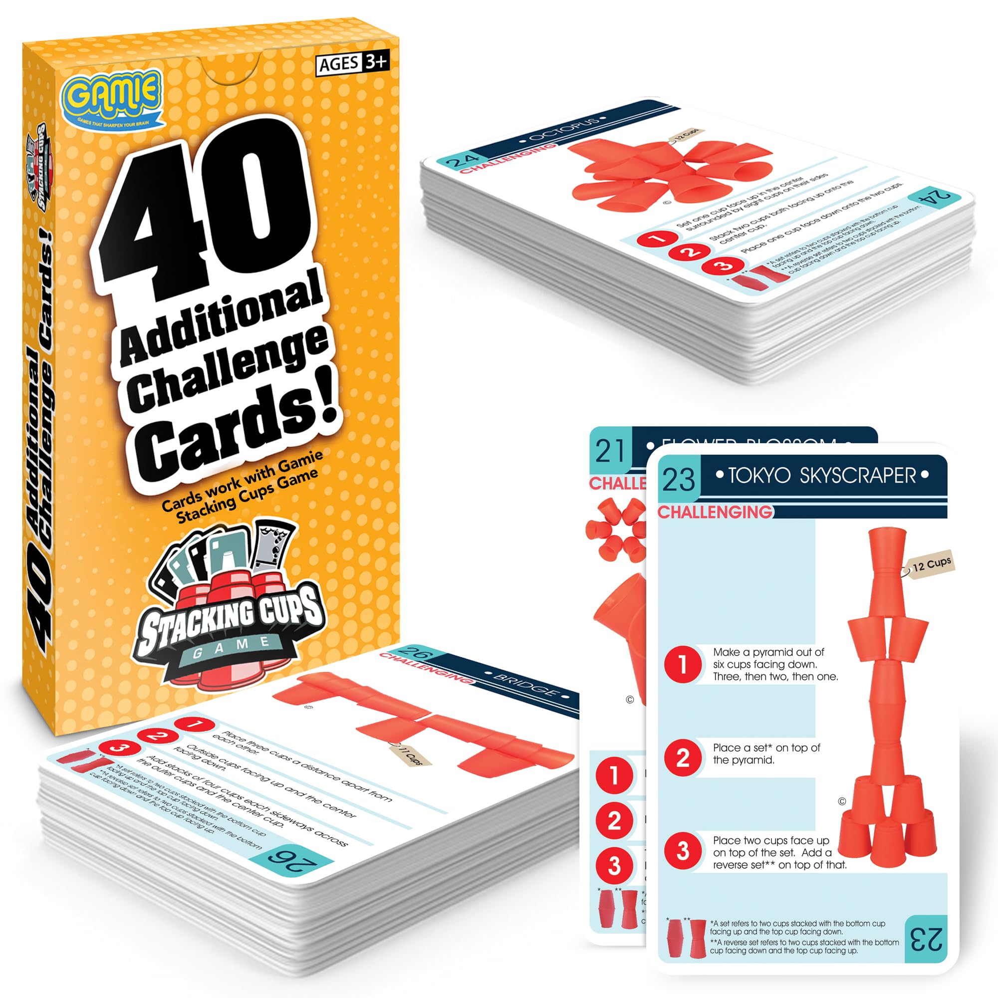 GamieChallenge Cards for Stacking Cups Game - 40 Additional Cards With Instructions - 20 Medium and 20 High Difficulty for Next Level Fun - Cups Sold Separately