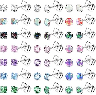 21Pairs Hypoallergenic Stud Earrings Surgical Steel Earrings for Men Women Tiny Small Round Square Cubic Zirconia Opal Earrings Studs Set Cartilage Piercing Jewelry 20G