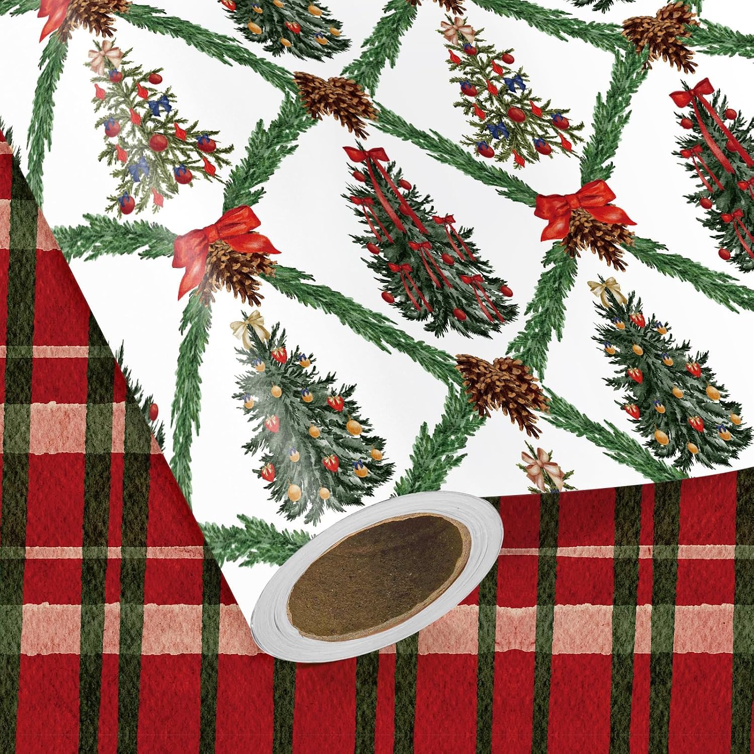 RUSPEPA Reversible Christmas Tree Wrapping Paper - Mini Roll - 43.2cm x 5m - Vintage Christmas Tree Garland and Classic Red Green Plaid Wrapping Paper for Xmas, Winter Season