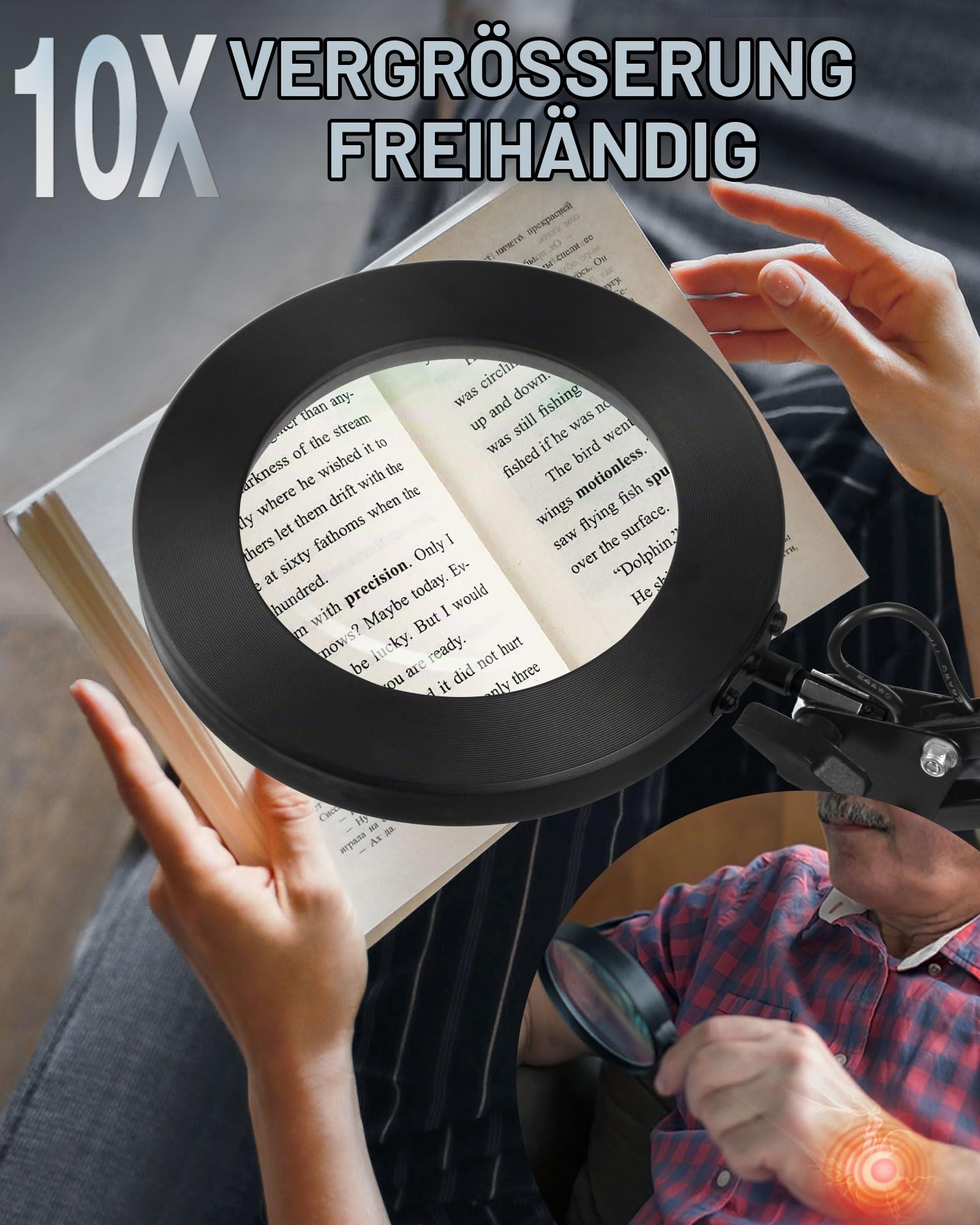 8X Lupe mit Licht & Klemme, Verlängern-Arm Lupenleuchte, HD-Glaslinse | Freihändig, 5 Farbmodi, Elektronik & Modellbau, mehr Reichweite ohne Nachjustieren