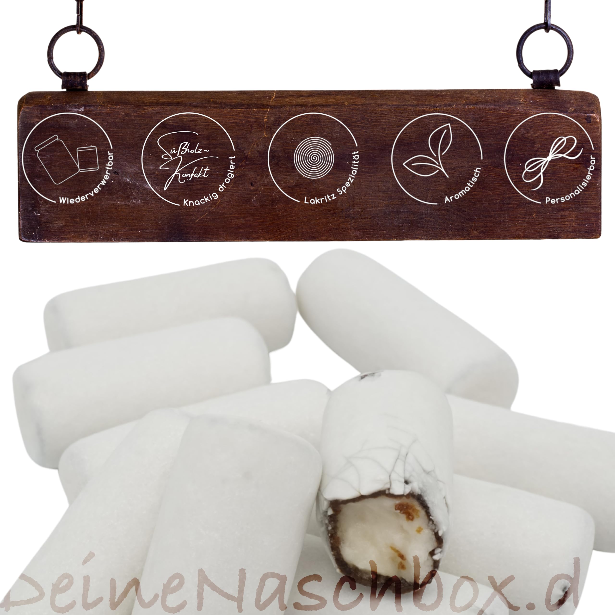 Deine Naschbox | Anis-Lakritz-Stäbchen | 3kg Mega Pot | XXL Großpackung - Kreide Look - Geschenk zum Schulbeginn - Weiß dragiertes Lakritz Konfekt