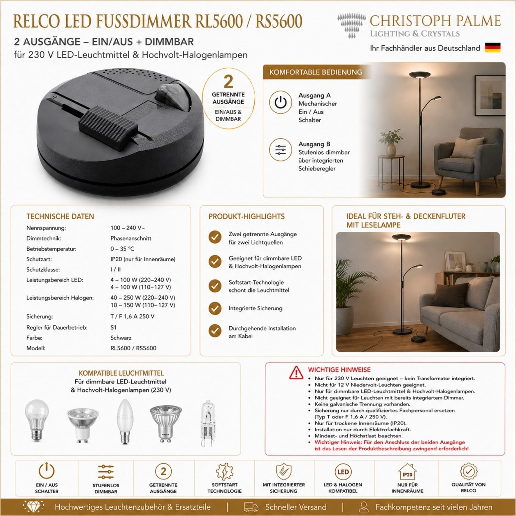 Relco LED Fußdimmer RL5600 RS5600 Schwarz 230 V 4–100 W LED 40–250 W Halogen mit 2 Ausgängen für Stehlampen Deckenfluter und Leselampen