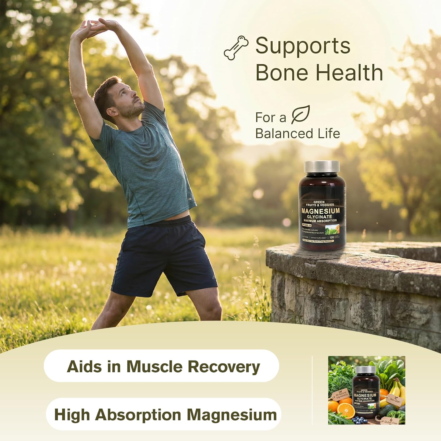 Magnesium Glycinate 500mg, 2 Pack (120 Capsules Each) | Pure Magnesium Complex with Vitamin D3 | High Absorption Supplement for Men & Women | Gentle Magnesium Glycinate Capsules