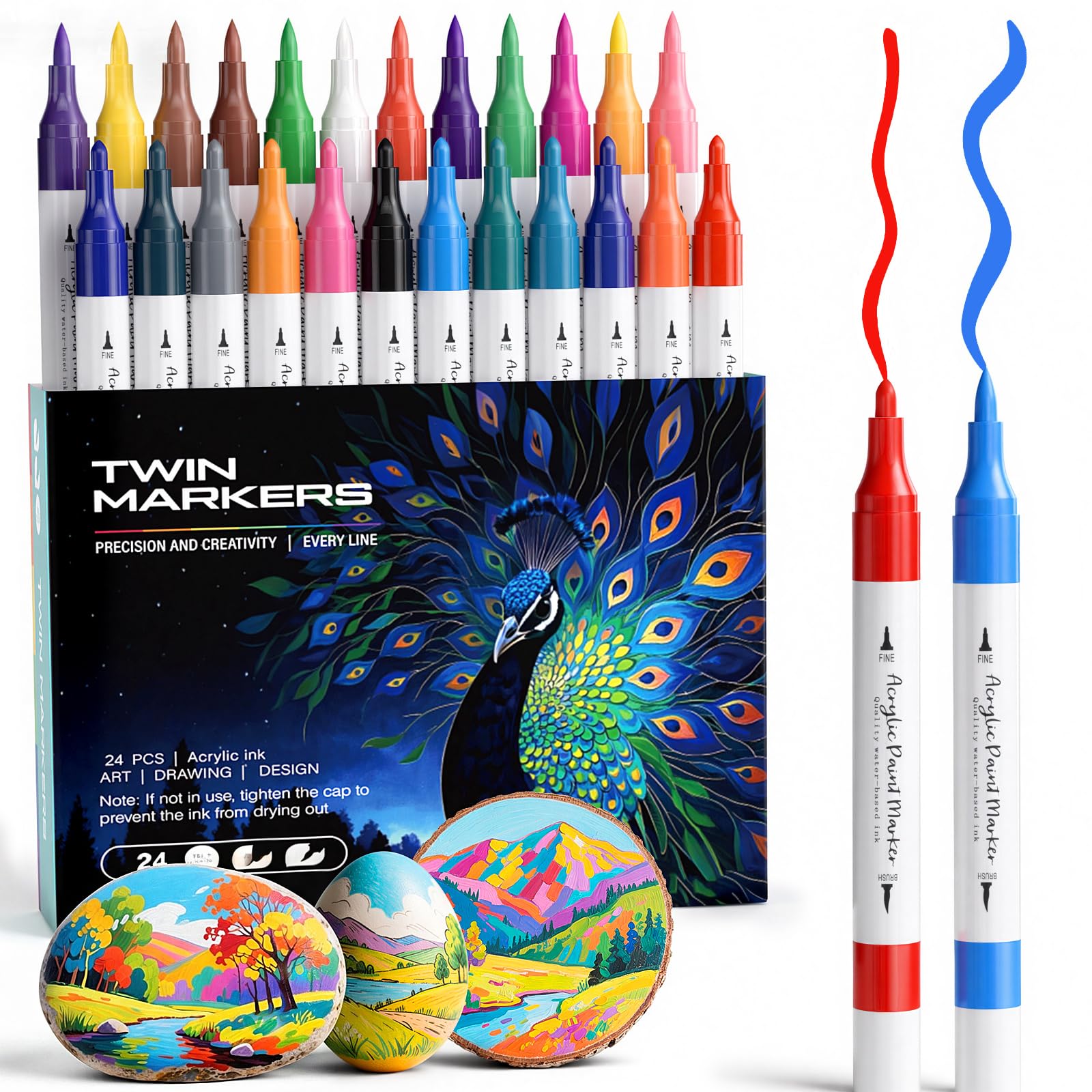 WELLOKB 80 Colors Dual Tip Acrylic Paint Markers, Fabric Markers, Brush Tip Permanent Acrylic Paint Pens for Wood, Glass, Rocks, Paper, Coloring book,Ceramic,DIY Crafts for Adults (24, Brush&Fine) - drawing | Mubboo