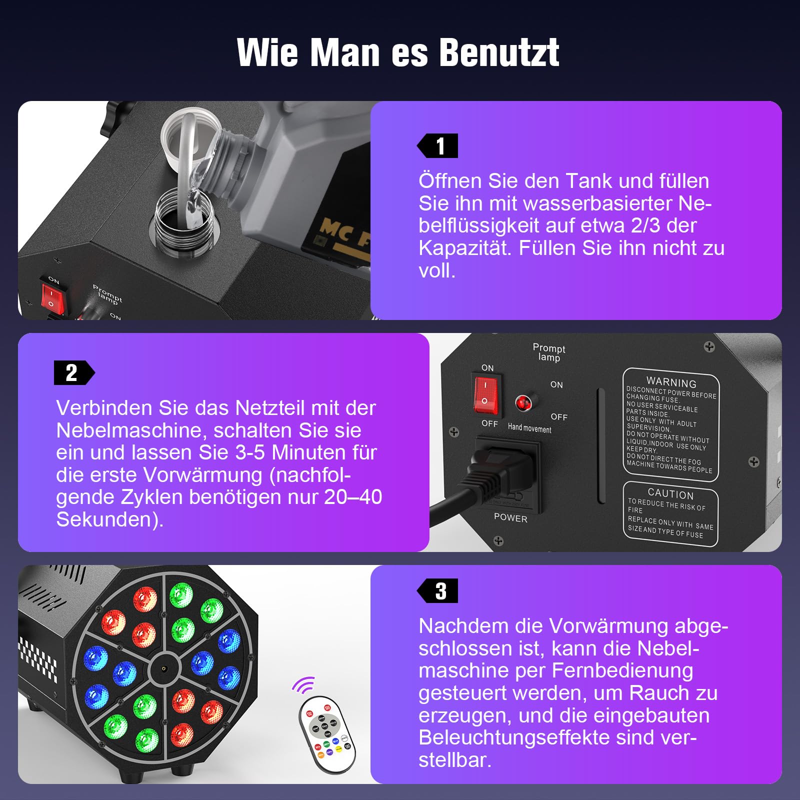Macchina del fumo, 18 LED RGB con telecomando, LED luminosi, gradiente di colore, salto, impulso, strobo, per feste, Natale, Halloween, DJ, palchi e spazi aperti