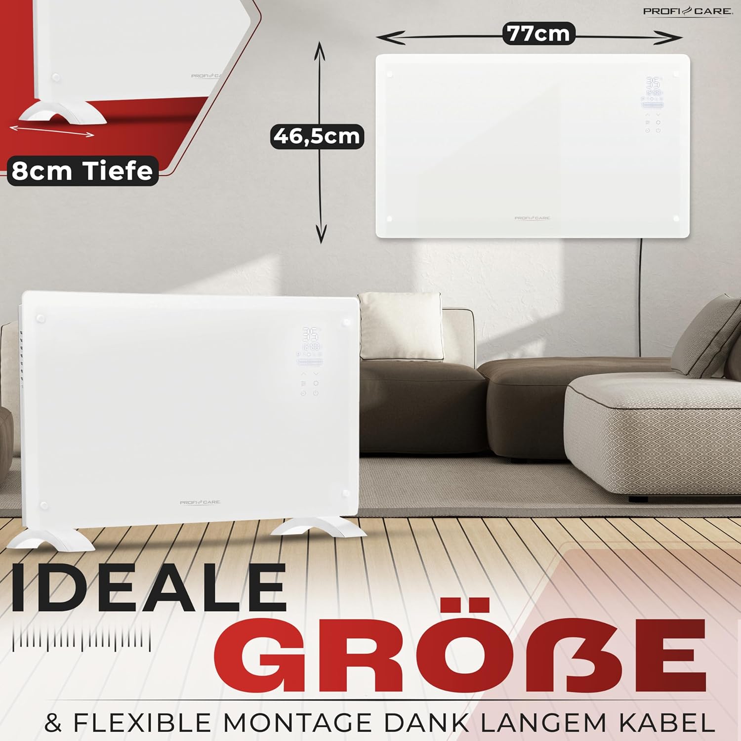 ProfiCare PC-GKH 3119 Electric Heater illustrating both freestanding and wall-mounted installation options.