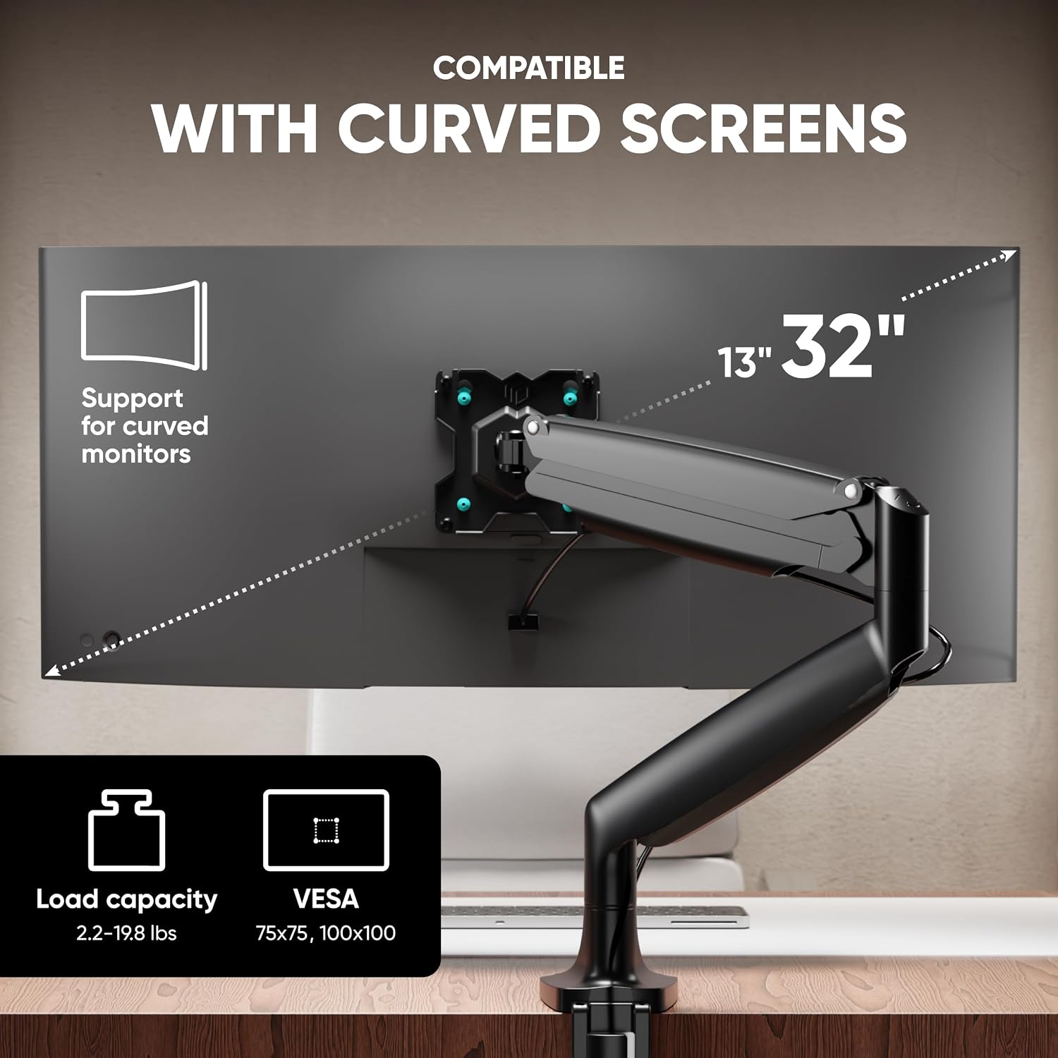 ONKRON Desk Monitor Mount for 13-32 Inch Screen up to 19.8 lbs, PC Monitor Arm Gas Spring 75x75 & 100x100 VESA Arm Desk Mount - Full Motion Swivel Tilt Rotation Black
