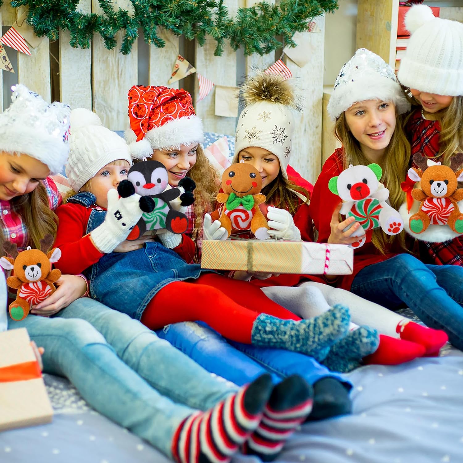 Gejoy 16 Pcs Christmas Peppermint Candy Plush Toys Bulk Mini 4" Reindeer Polar Bear Gingerbread Man Penguin Stuffed Toys with Cards for Party Favors Stocking Goodie Bag Fillers