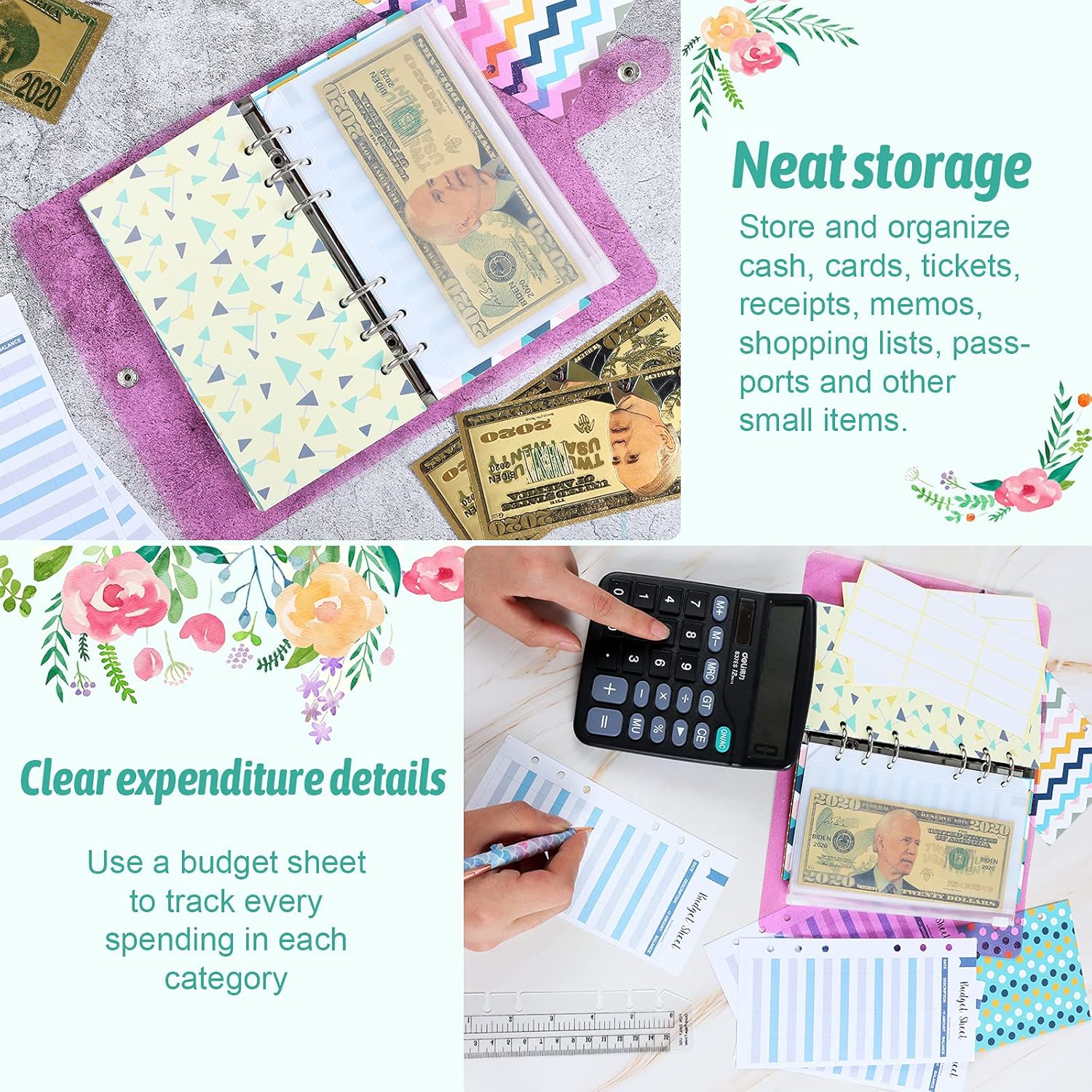 34 Pcs Budget Organizer Binder Cash Envelope System, 12 Pcs Budget Money Envelopes, 12 Expense Budget Sheets, 4 A6 PVC Bags, 2 A6 Storage Bags, 24 Labels, 1 Pack Ruler for Money Planner,Pink-Gold : Office Products