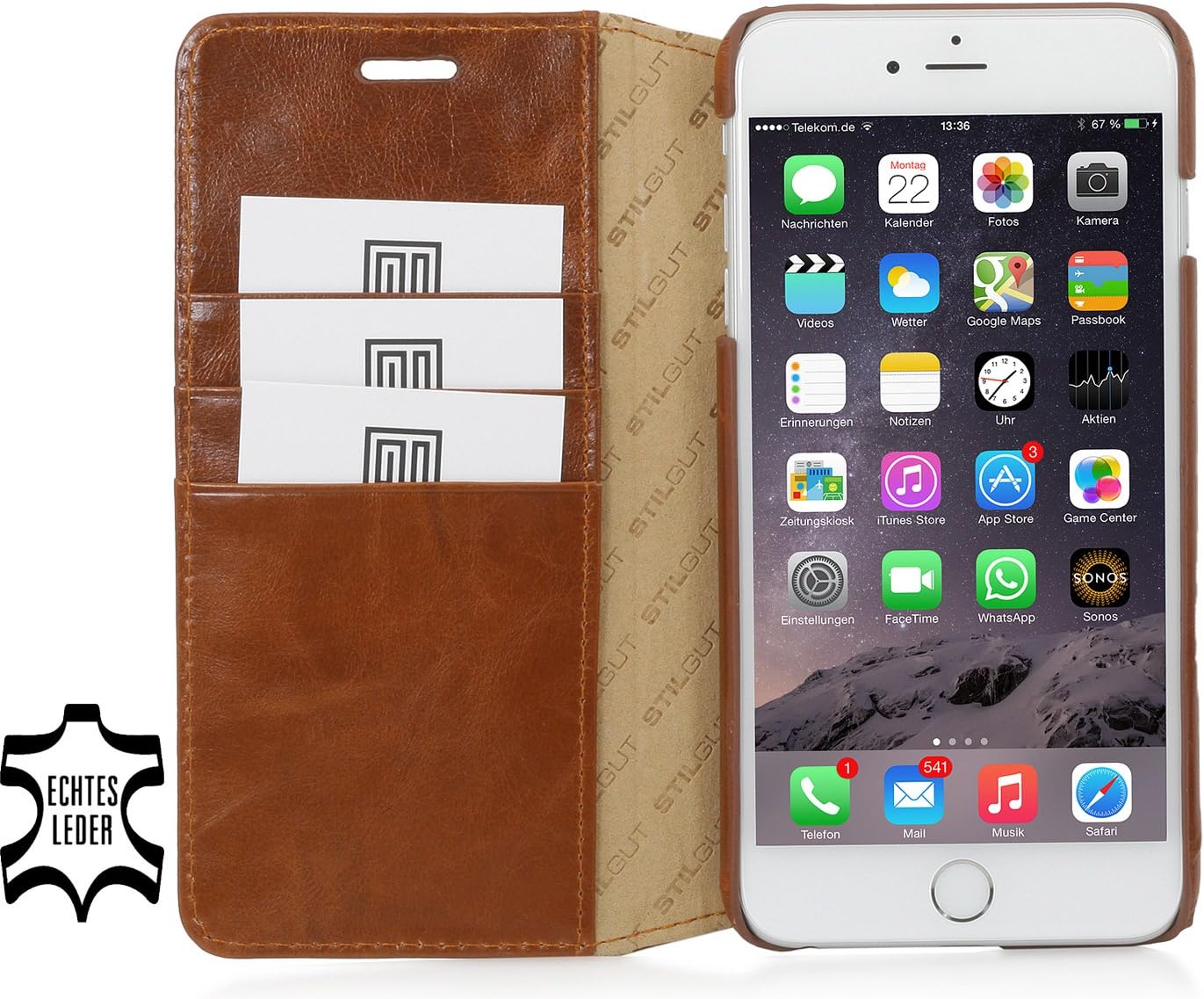 StilGut® Talis Without Clip, Genuine Leather Wallet Case for Apple iPhone 6 Plus & iPhone 6s Plus (5.5''), Cognac Brown