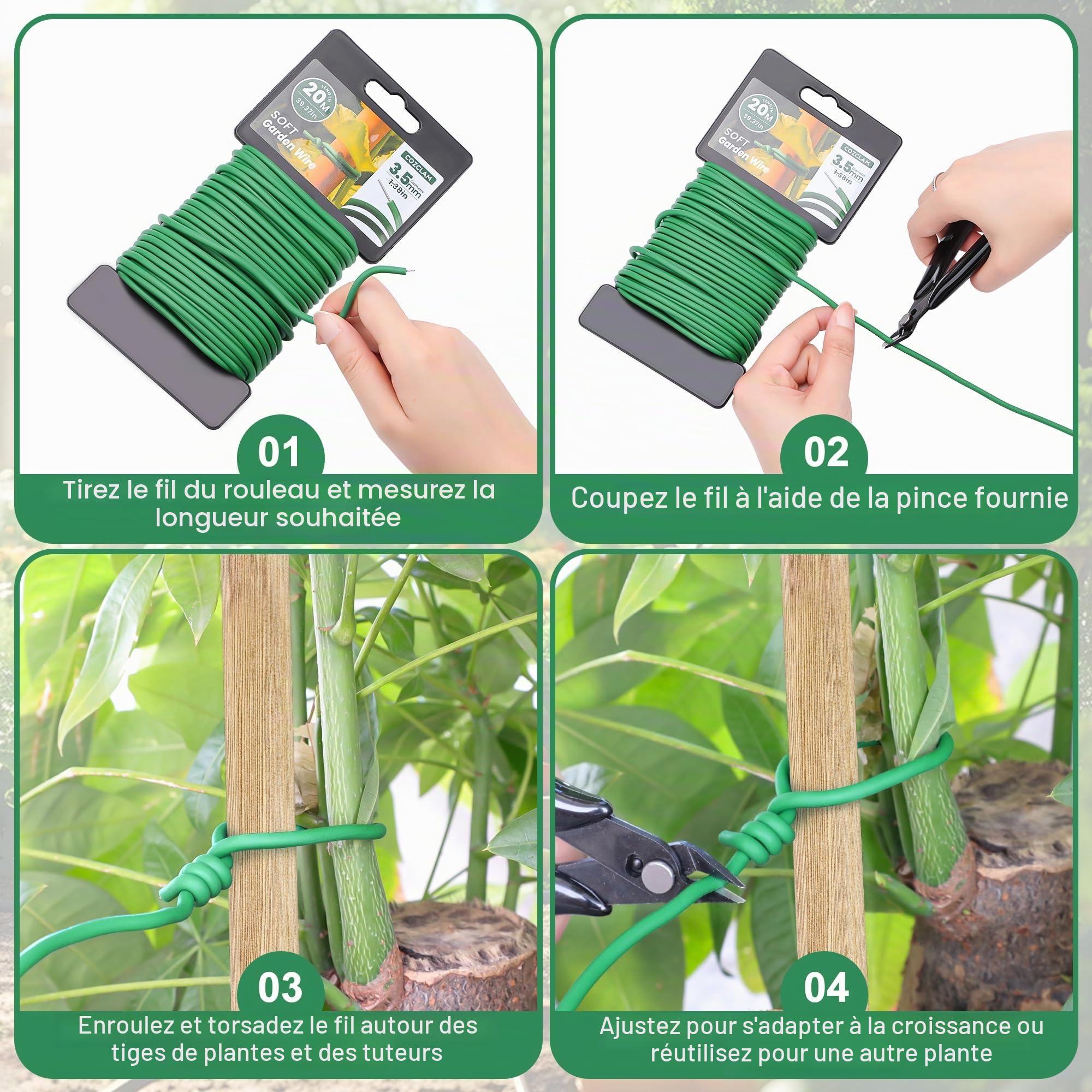 COZCLAM 2 x 20m Fil de Fer Jardin avec Coupe, 3.5mm Fil de Fer Cloture, Fil de Fer Vert de Plastique pour Le Jardinage, Tomates, Fil de Fer Souple Loisir Creatif pour Organiser Les Câbles, Projets