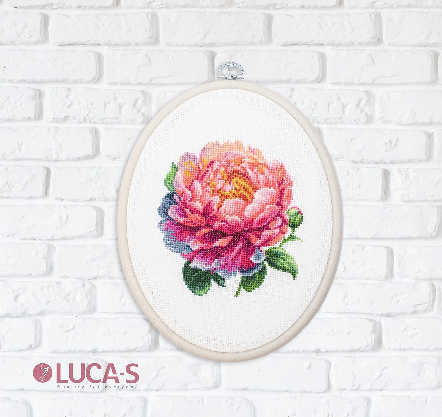 Luca-S Cross Stitch Kit with Hoop Included - ’’Coral Charm’’ Peony, Counted Cross Stitch Kit for Adults, Embroidery Kit, BC205